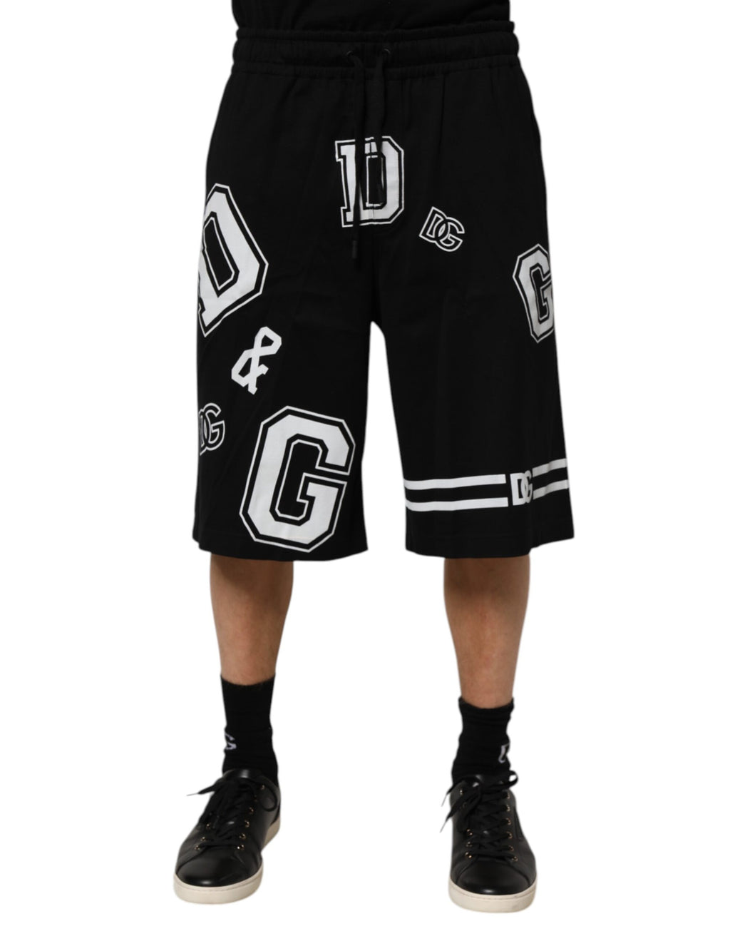 Shorts bermuda en coton noir avec logo imprimé de Dolce & Gabbana, style décontracté et confortable.