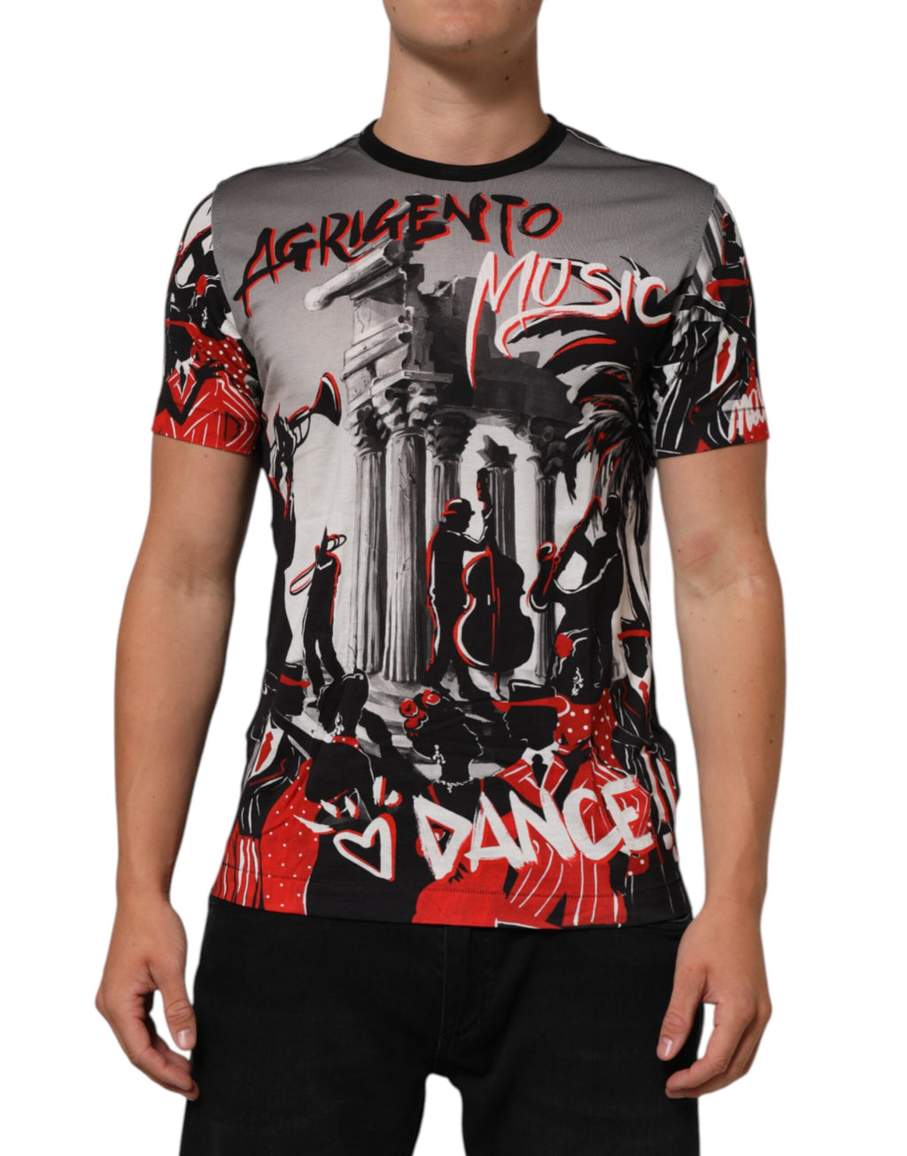 T-shirt Dolce & Gabbana Agrigento avec motif multicolore de danse jazz et musique, style moderne et artistique.