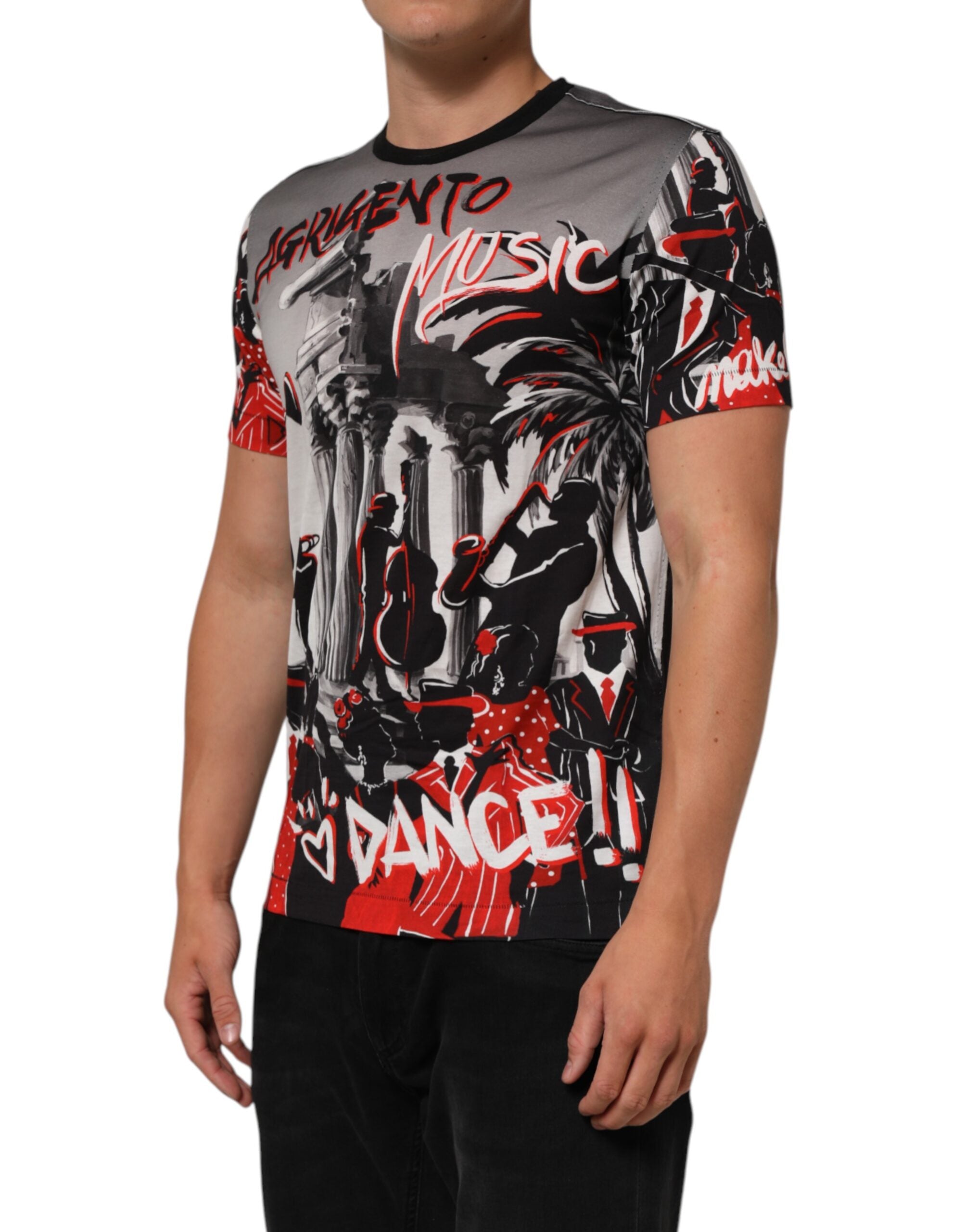 T-shirt Dolce & Gabbana Agrigento Dance Jazz avec imprimé multicolore de musique, coton, vue de face.