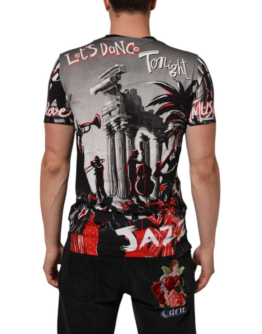 T-shirt Dolce & Gabbana Agrigento Dance Jazz Music multicolore avec imprimé artistique, coupe décontractée et détails colorés.