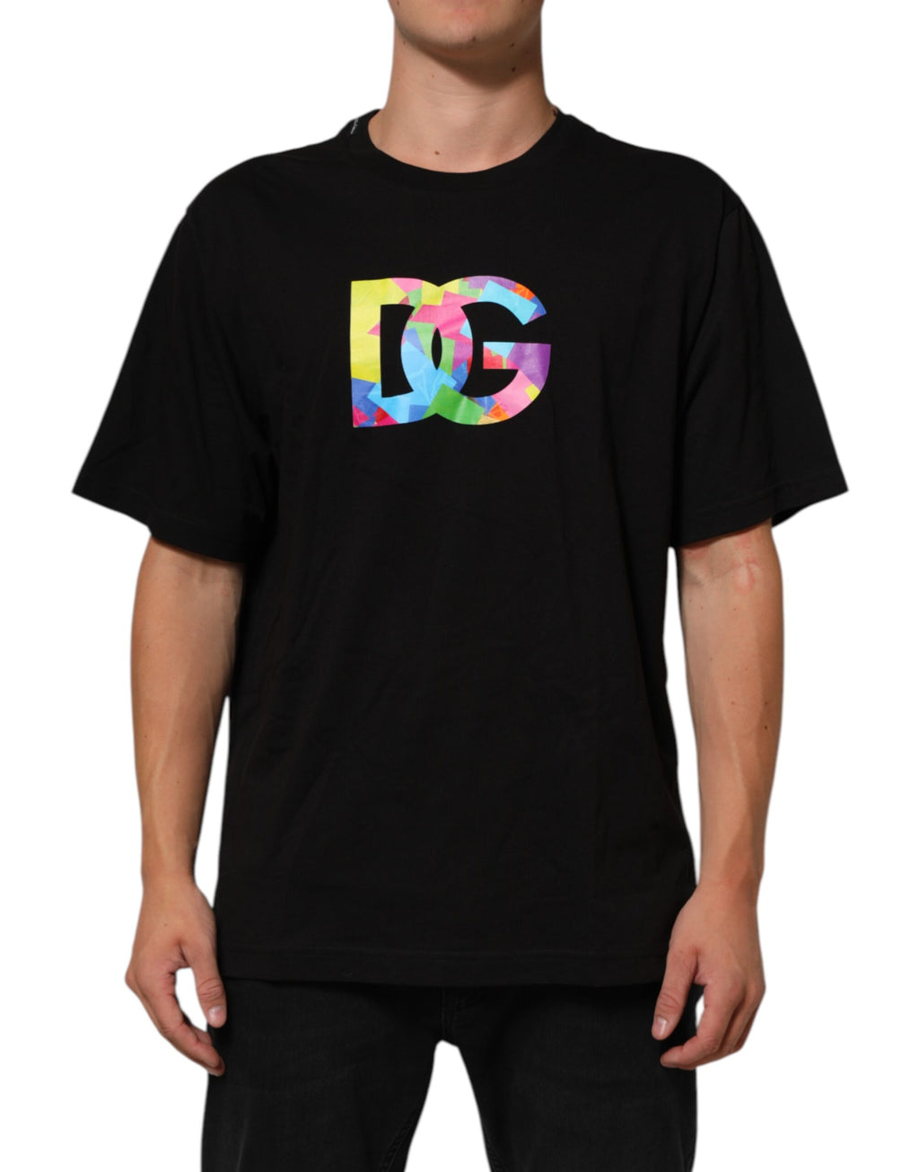 T-shirt en coton noir Dolce & Gabbana pour homme avec logo imprimé et col rond, vue de face.
