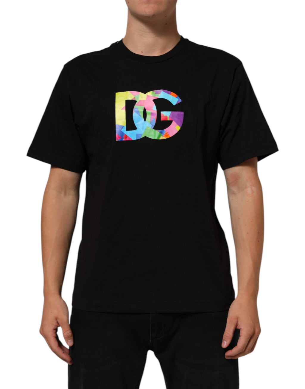 T-shirt en coton noir Dolce & Gabbana avec logo imprimé, col rond, vue de face.