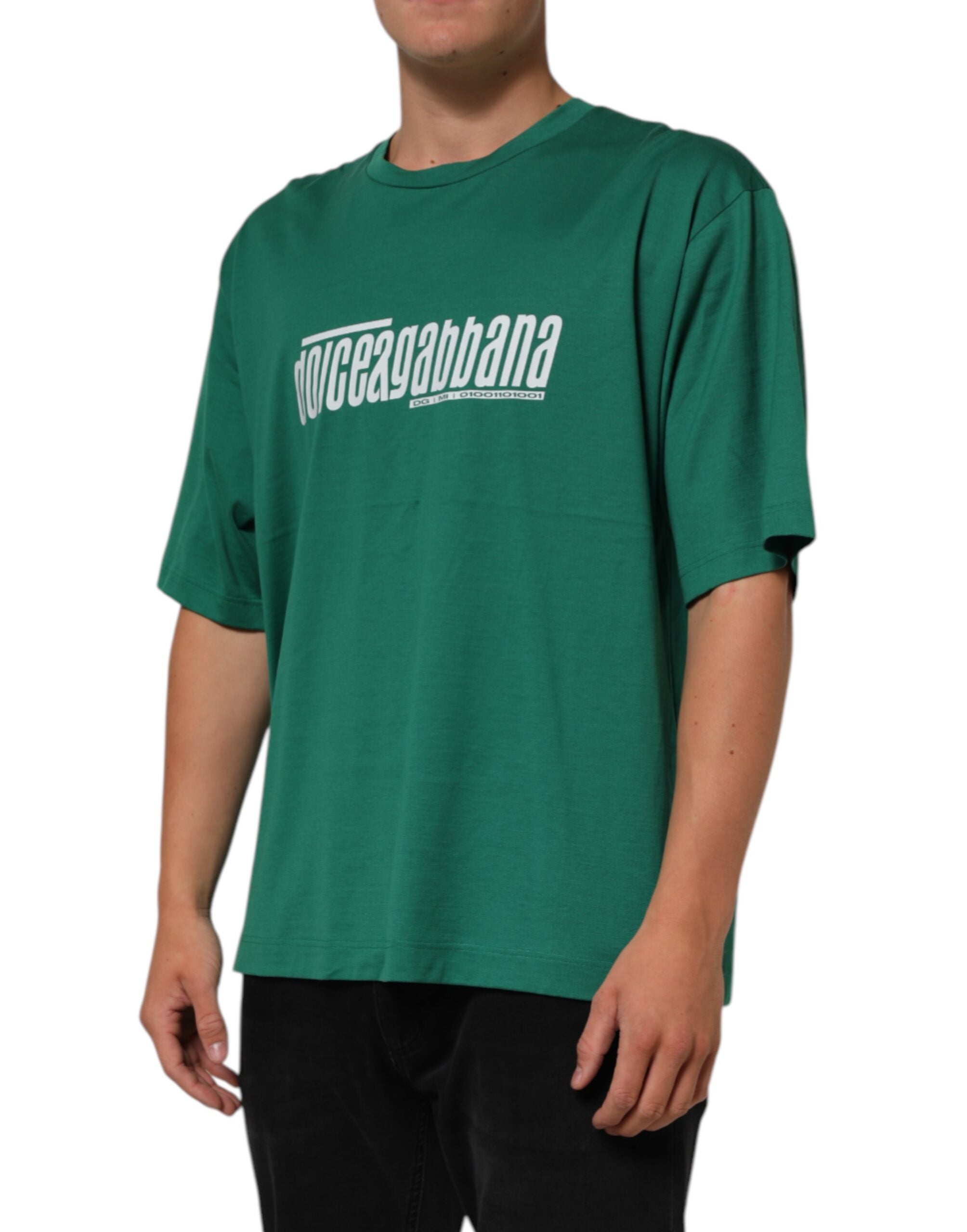 T-shirt Dolce & Gabbana en coton vert avec logo graphique imprimé et col rond, mode décontractée et élégante.