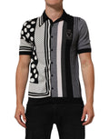 T-shirt polo Dolce & Gabbana noir blanc à pois avec col, vue de face, en tissu élégant, détails de mode sophistiqués.