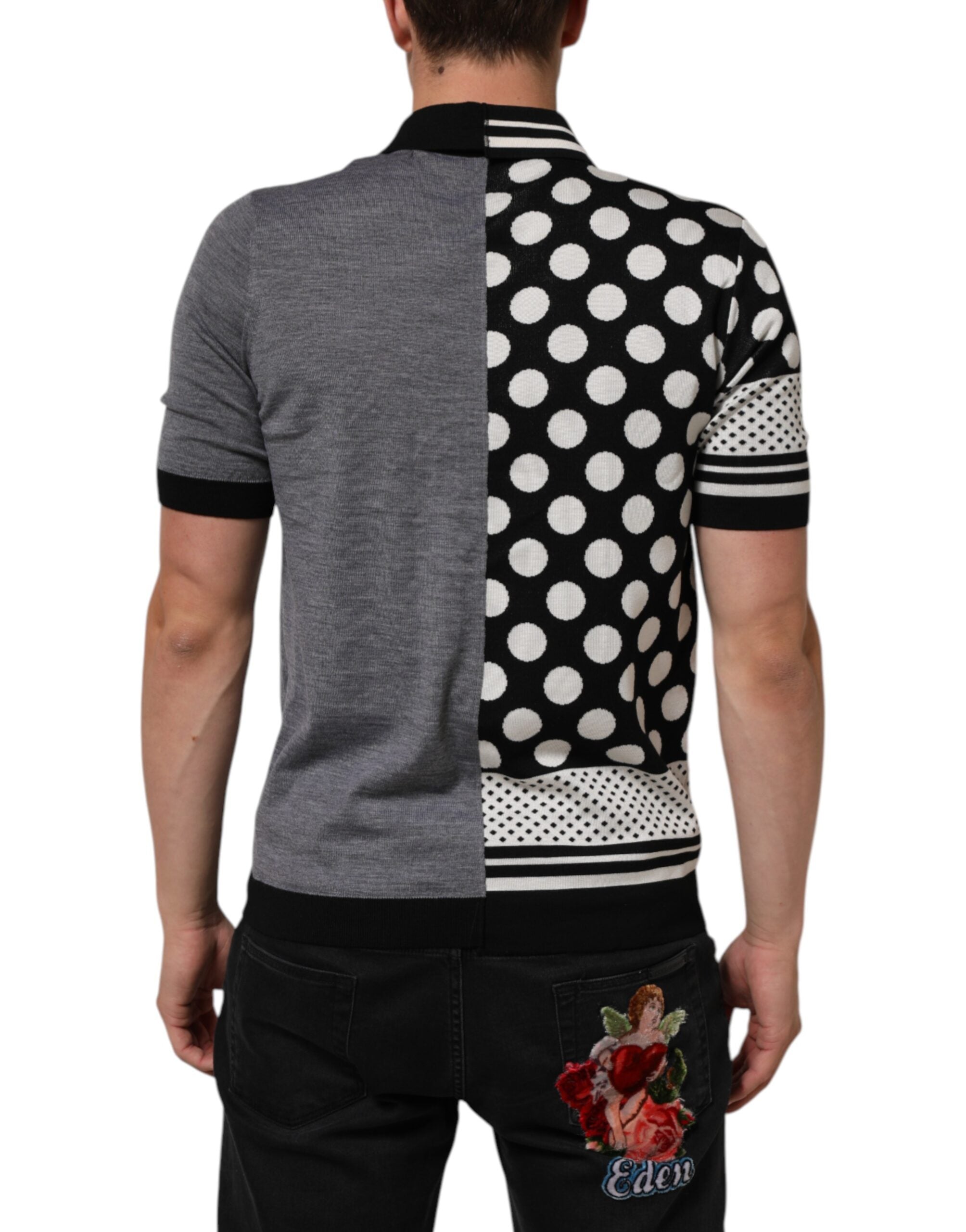 T-shirt polo Dolce & Gabbana noir blanc à pois avec col, vue de face, en tissu léger.