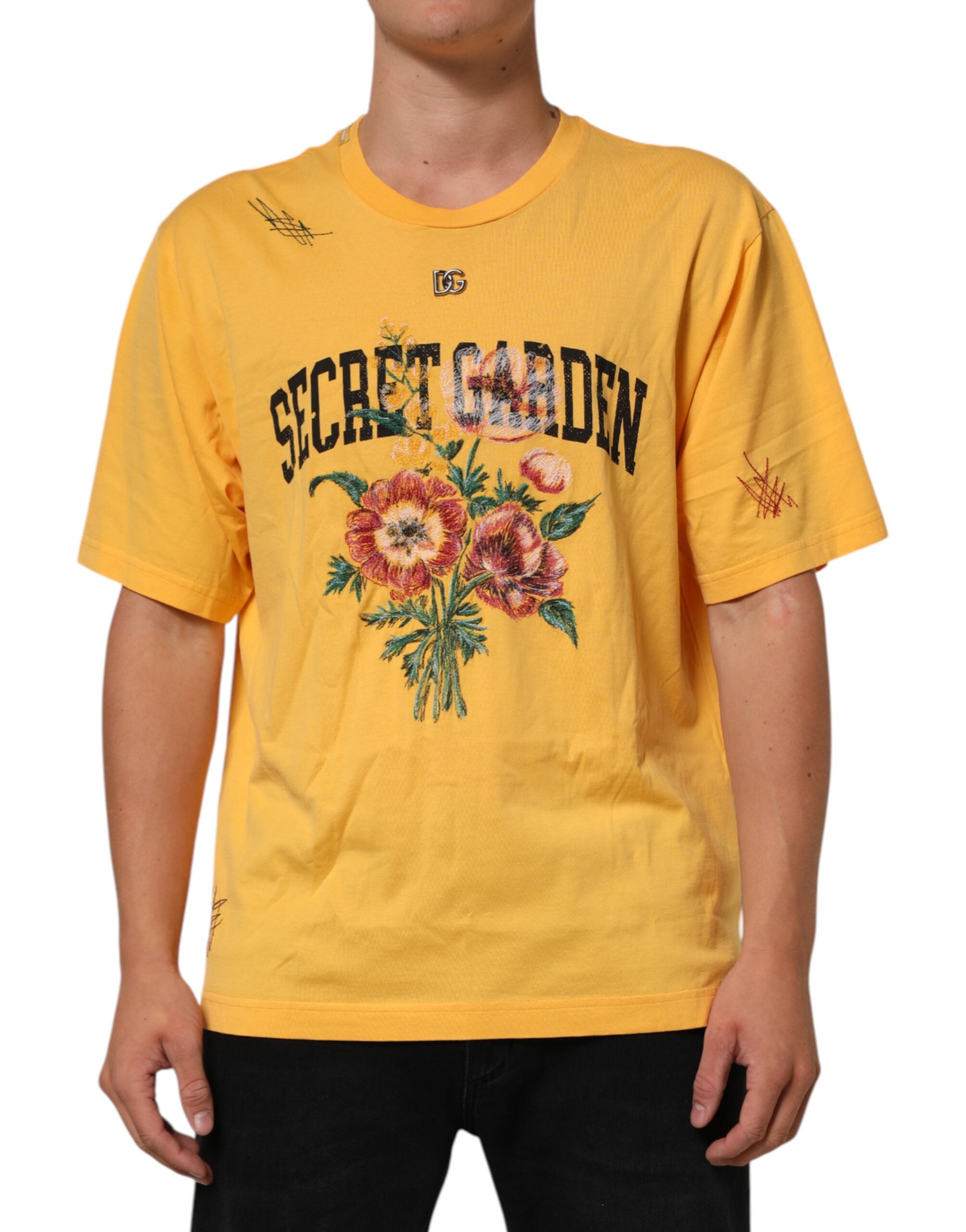T-shirt à col rond en coton jaune avec motif floral Dolce & Gabbana Secret Garden, visible sur l'image.