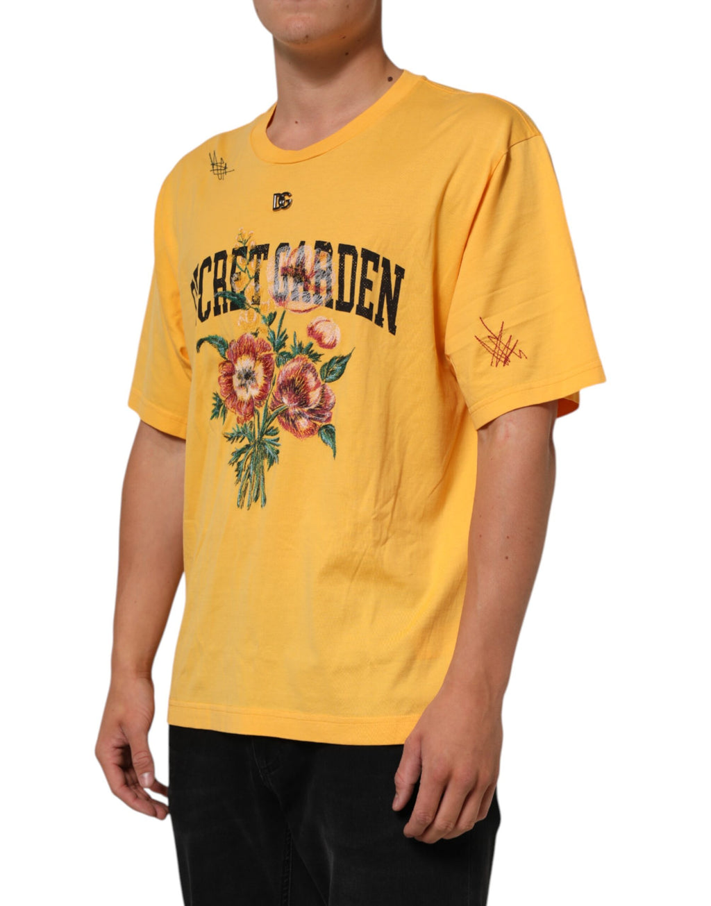 T-shirt à col rond en coton jaune avec motif floral secret Dolce & Gabbana, style décontracté et élégant.