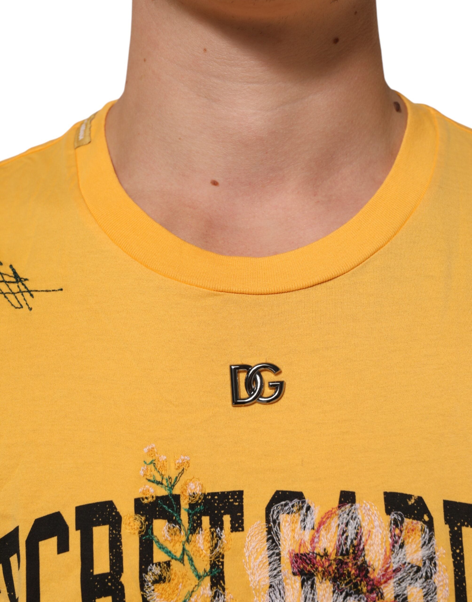 T-shirt à col rond en coton jaune avec motif floral Secret Garden de Dolce & Gabbana, style élégant et printanier.