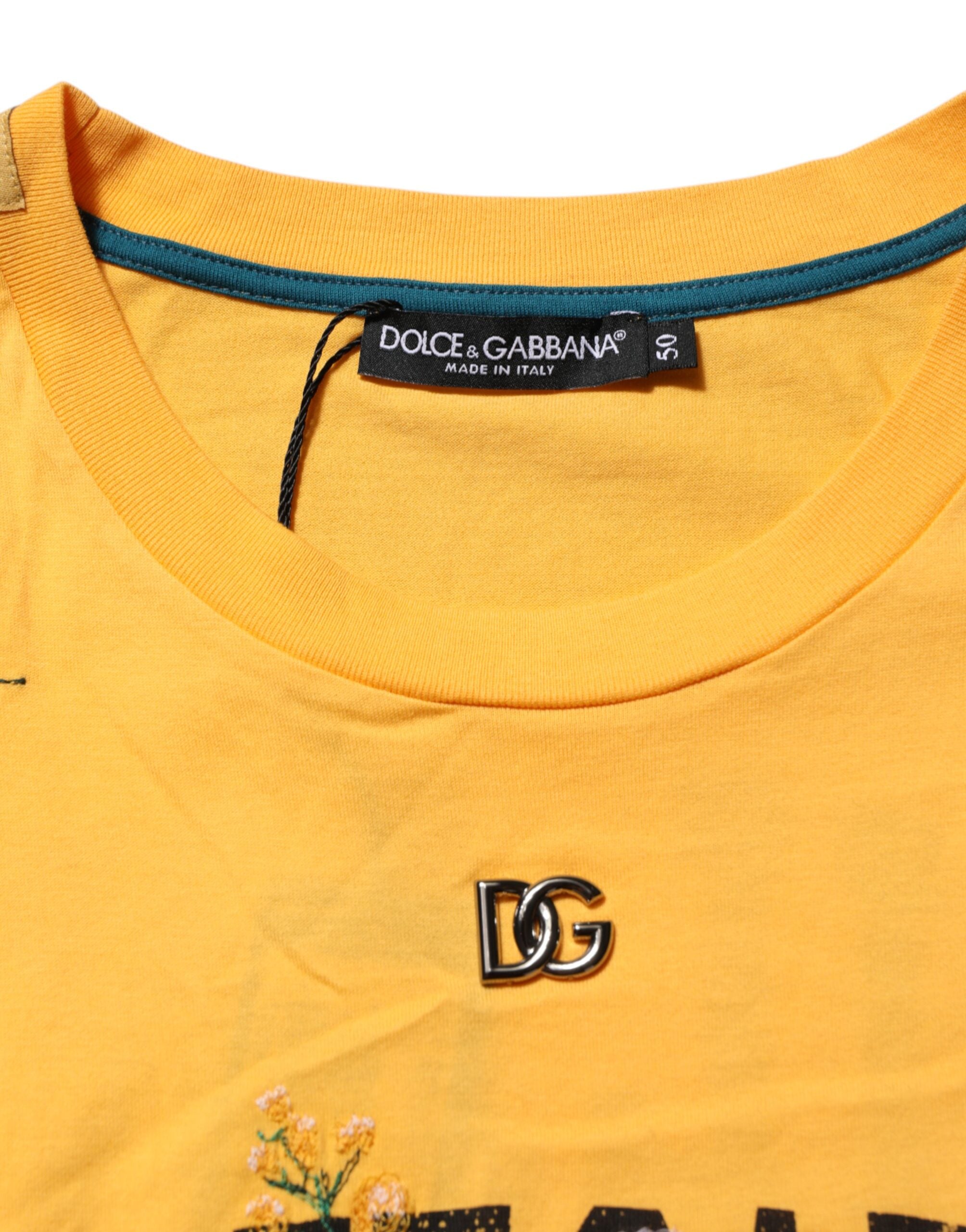 T-shirt en coton à col rond Dolce & Gabbana jaune à motif floral Secret Garden, design élégant et coloré.