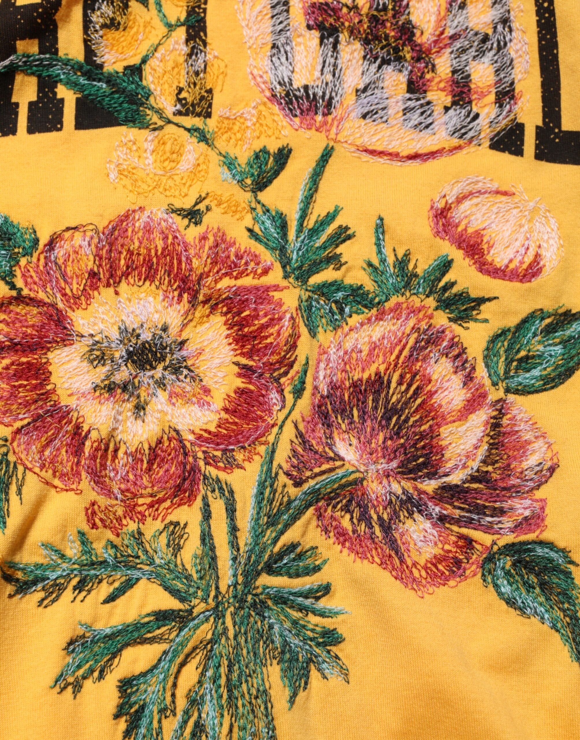 T-shirt en coton à col rond Dolce & Gabbana jaune avec motif floral Secret Garden, design élégant et coloré.