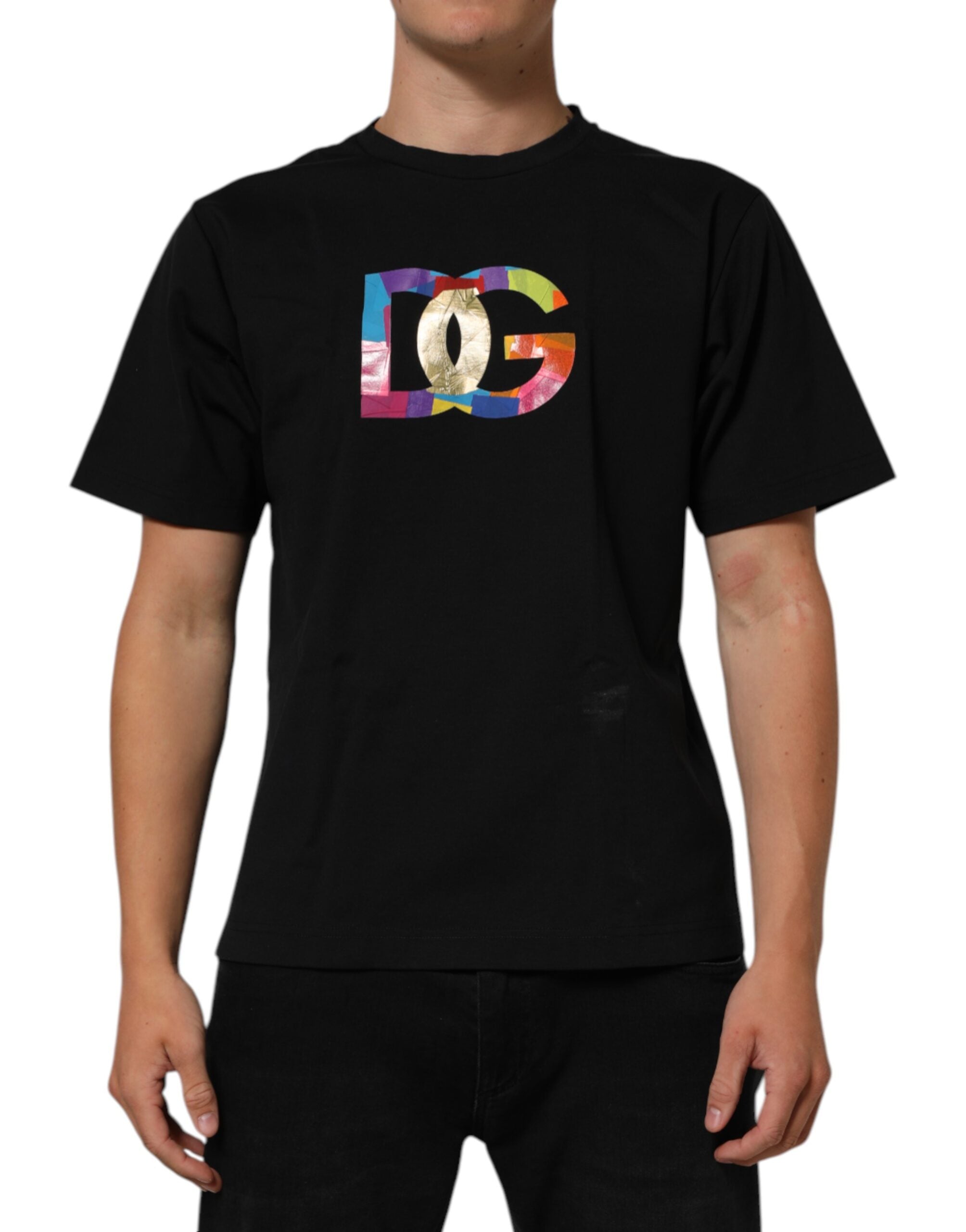 T-shirt homme en coton noir Dolce & Gabbana avec logo imprimé, col rond, style décontracté.