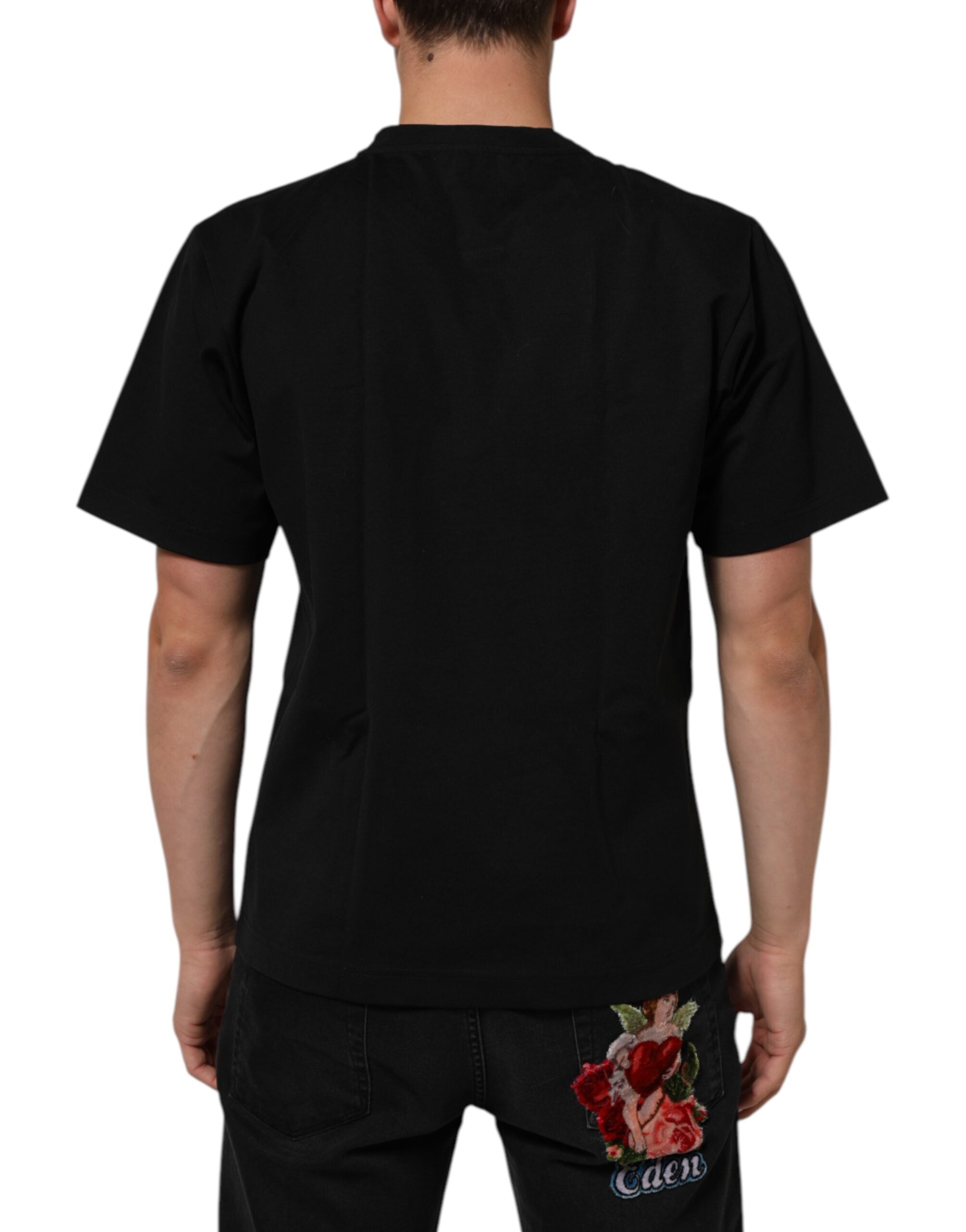 T-shirt homme en coton noir Dolce & Gabbana avec logo imprimé, col ras du cou, vue de face.