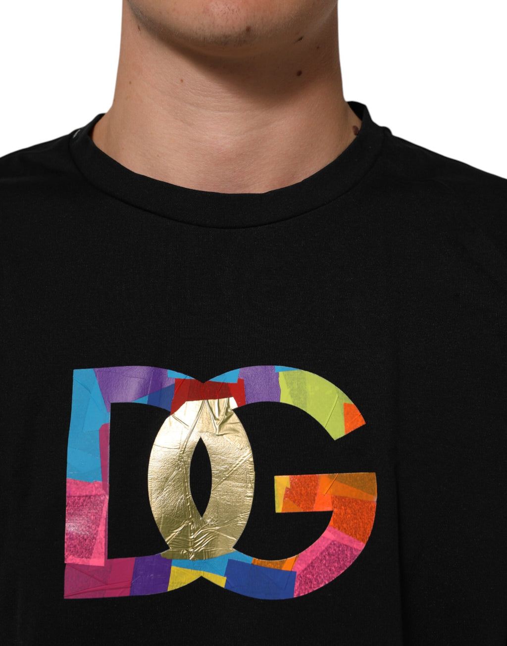 T-shirt homme en coton noir Dolce & Gabbana avec logo imprimé, col ras du cou, vue de face.
