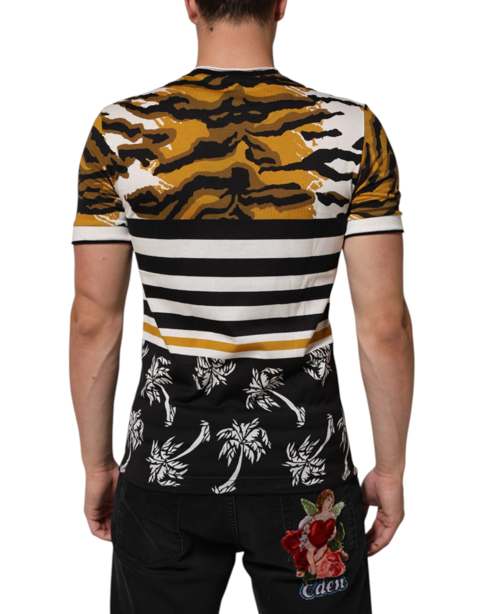 T-shirt homme Dolce & Gabbana à col rond avec motif léopard multicolore et feuilles de palm, style décontracté.