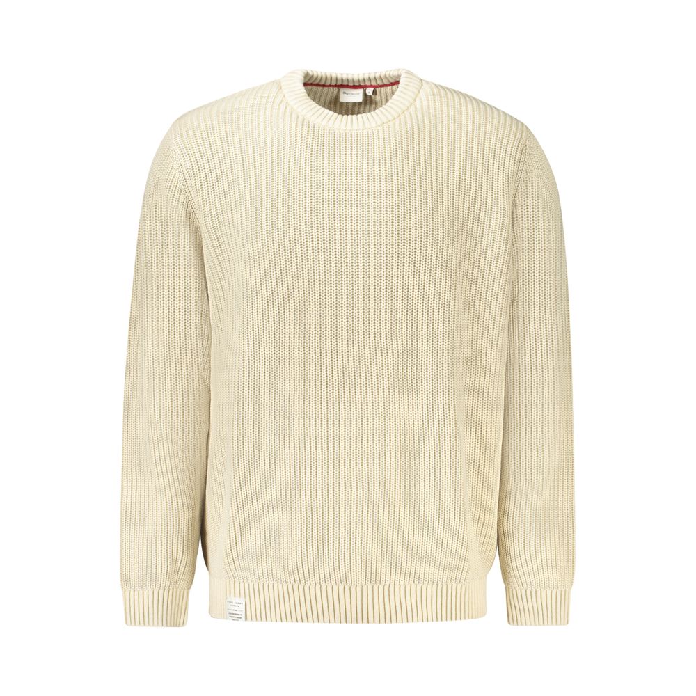 Pull homme en coton beige de Pepe Jeans, style classique, avec col rond et manches longues, porté par un mannequin.