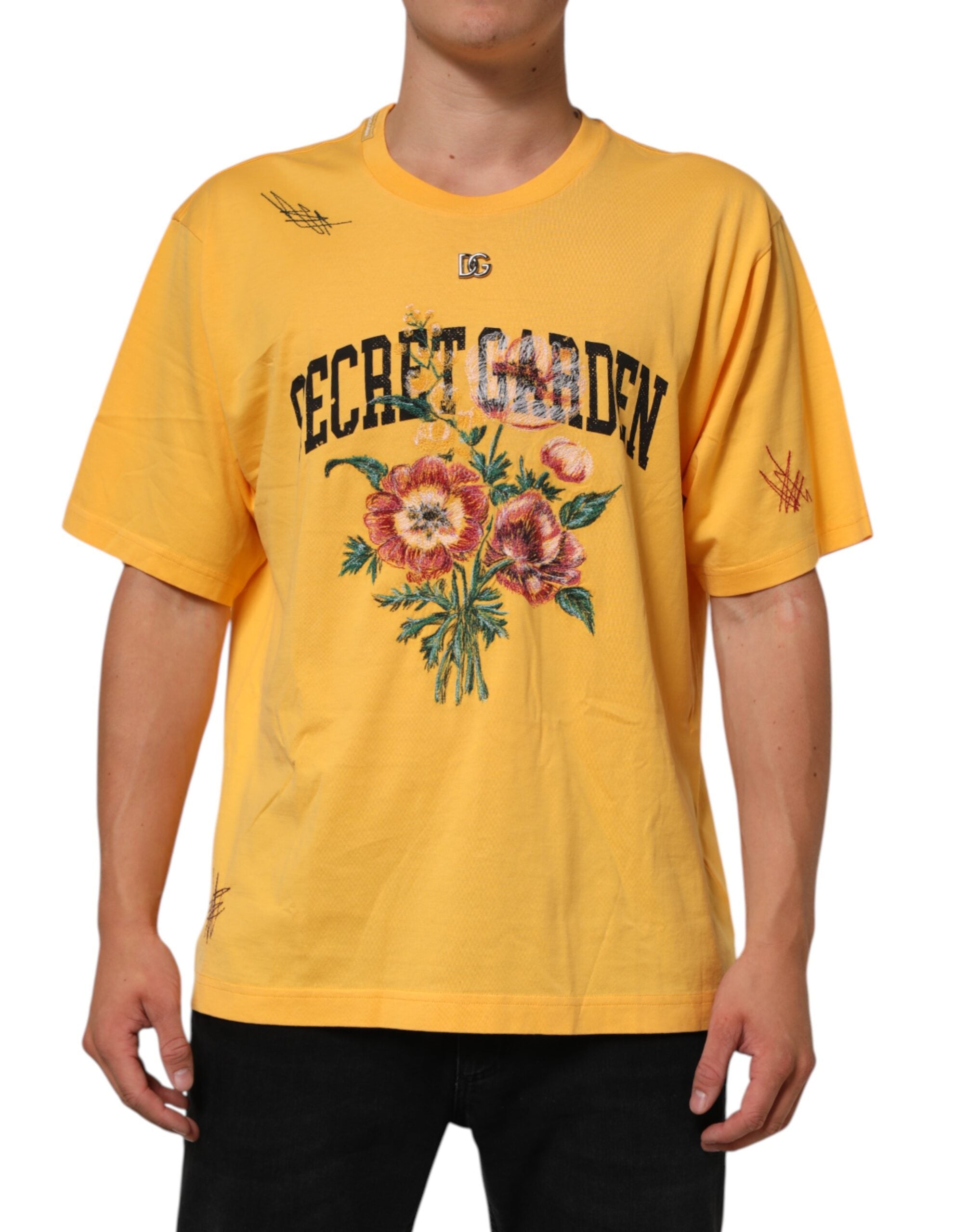 T-shirt en coton à col rond Dolce & Gabbana Secret Garden floral jaune, motif floral coloré sur fond blanc.