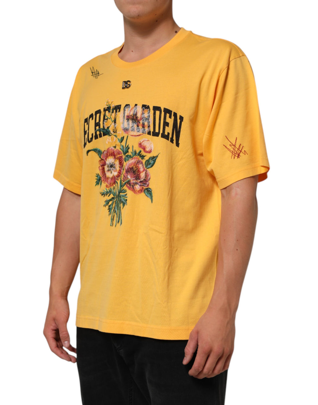 T-shirt en coton à col rond Dolce & Gabbana, jaune avec motif floral Secret Garden, design élégant et vibrant.
