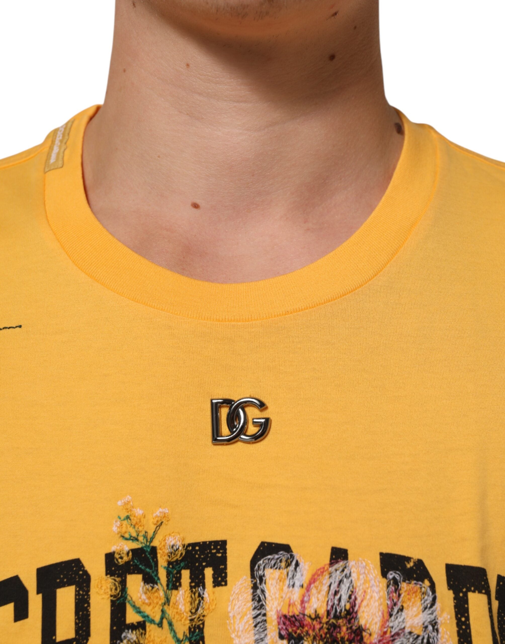 T-shirt en coton à col rond Dolce & Gabbana, motif floral jaune Secret Garden, design élégant et coloré.