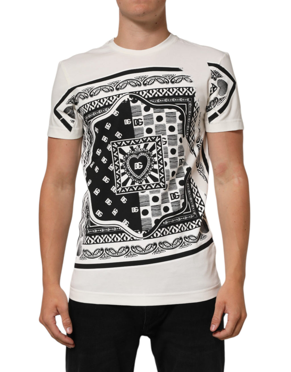 T-shirt homme Dolce & Gabbana blanc en coton avec logo et imprimé bandana, vue front.