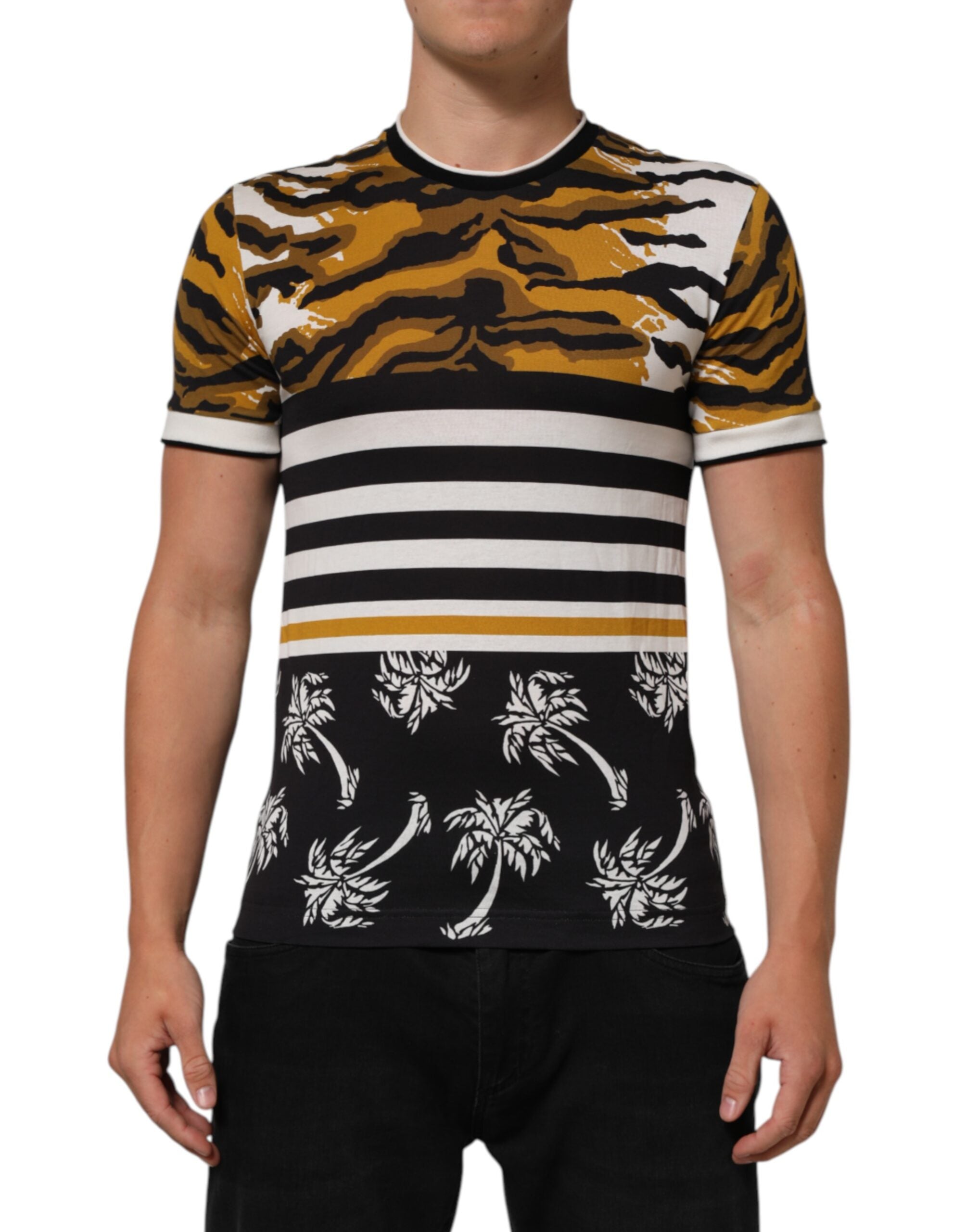 T-shirt homme Dolce & Gabbana à col rond, motif léopard multicolore avec palmiers, coton confortable.