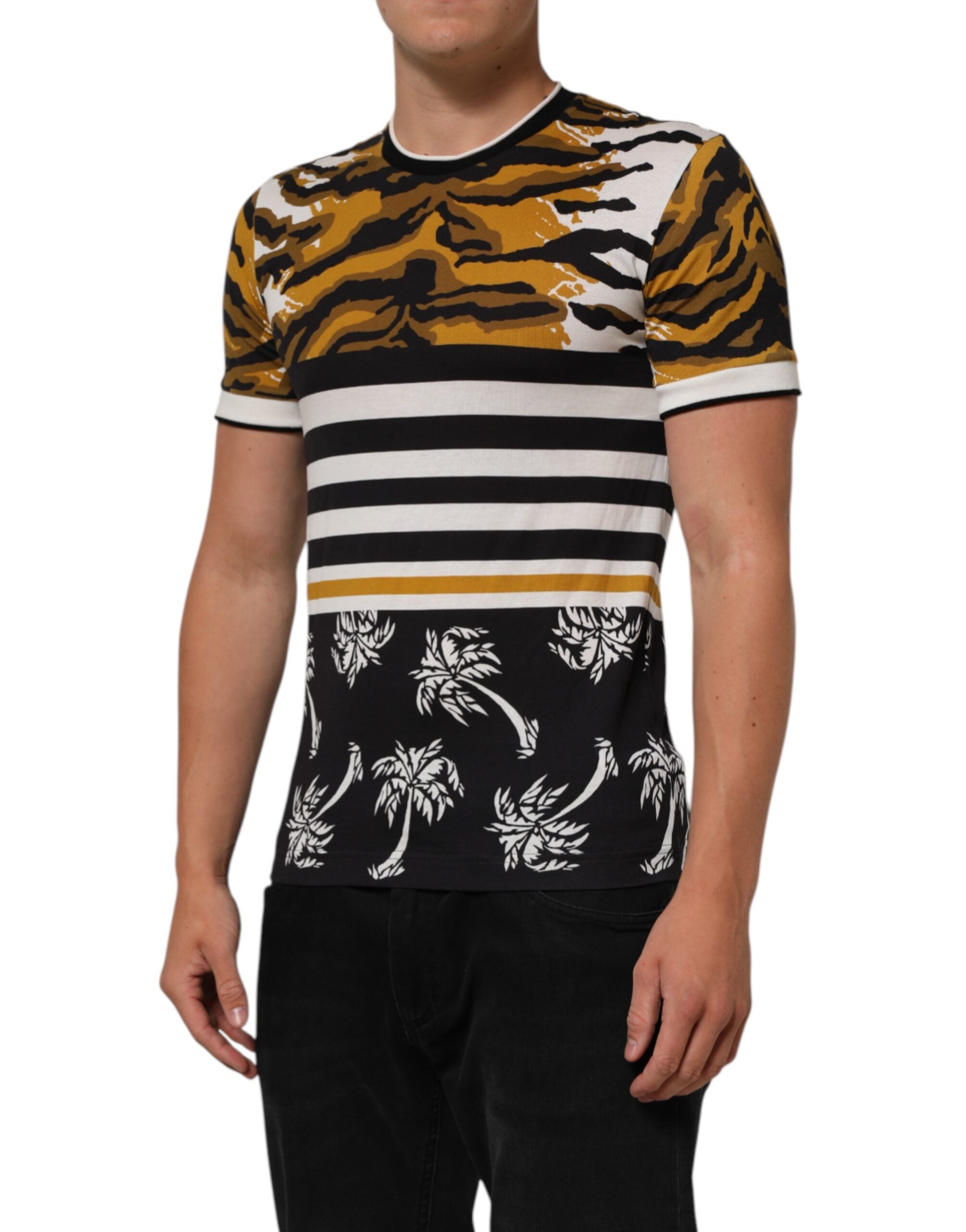 T-shirt homme Dolce & Gabbana à col rond avec motif léopard multicolore et feuilles de palm, style décontracté.