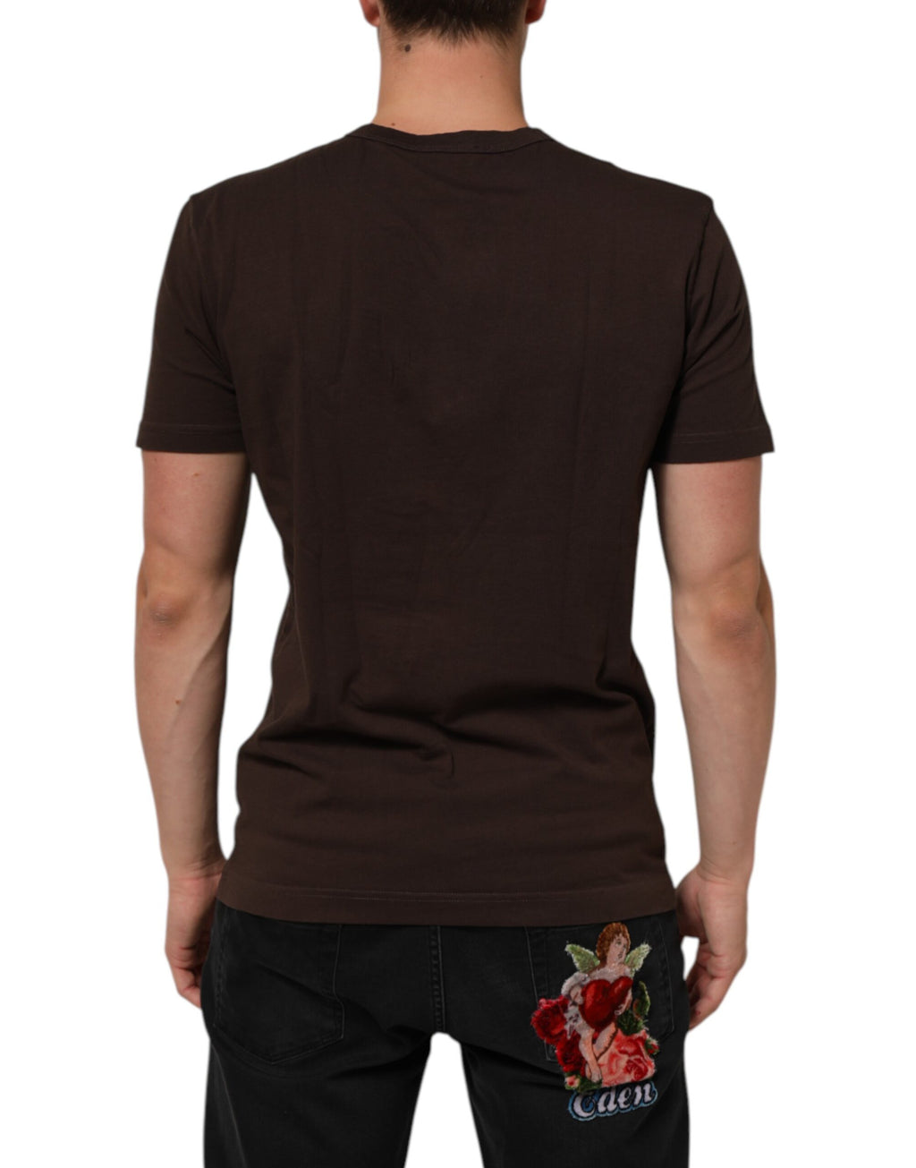 T-shirt pour homme Dolce & Gabbana brun avec motif laurier et pièce de monnaie, col rond, style décontracté.