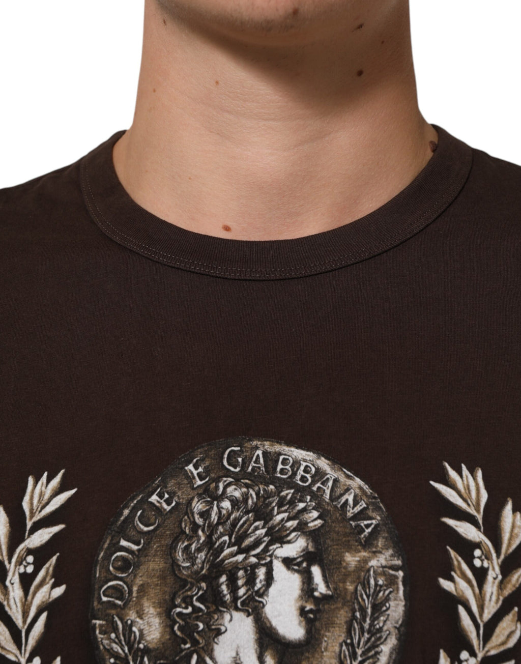 T-shirt homme Dolce & Gabbana en coton marron avec motif laurier et pièce de monnaie, col rond, vue de face.