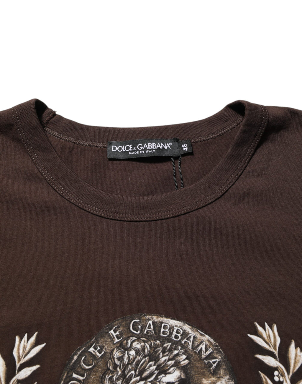 T-shirt pour homme Dolce & Gabbana brun avec motif de laurier et inscription en relief, col rond, vue de face.