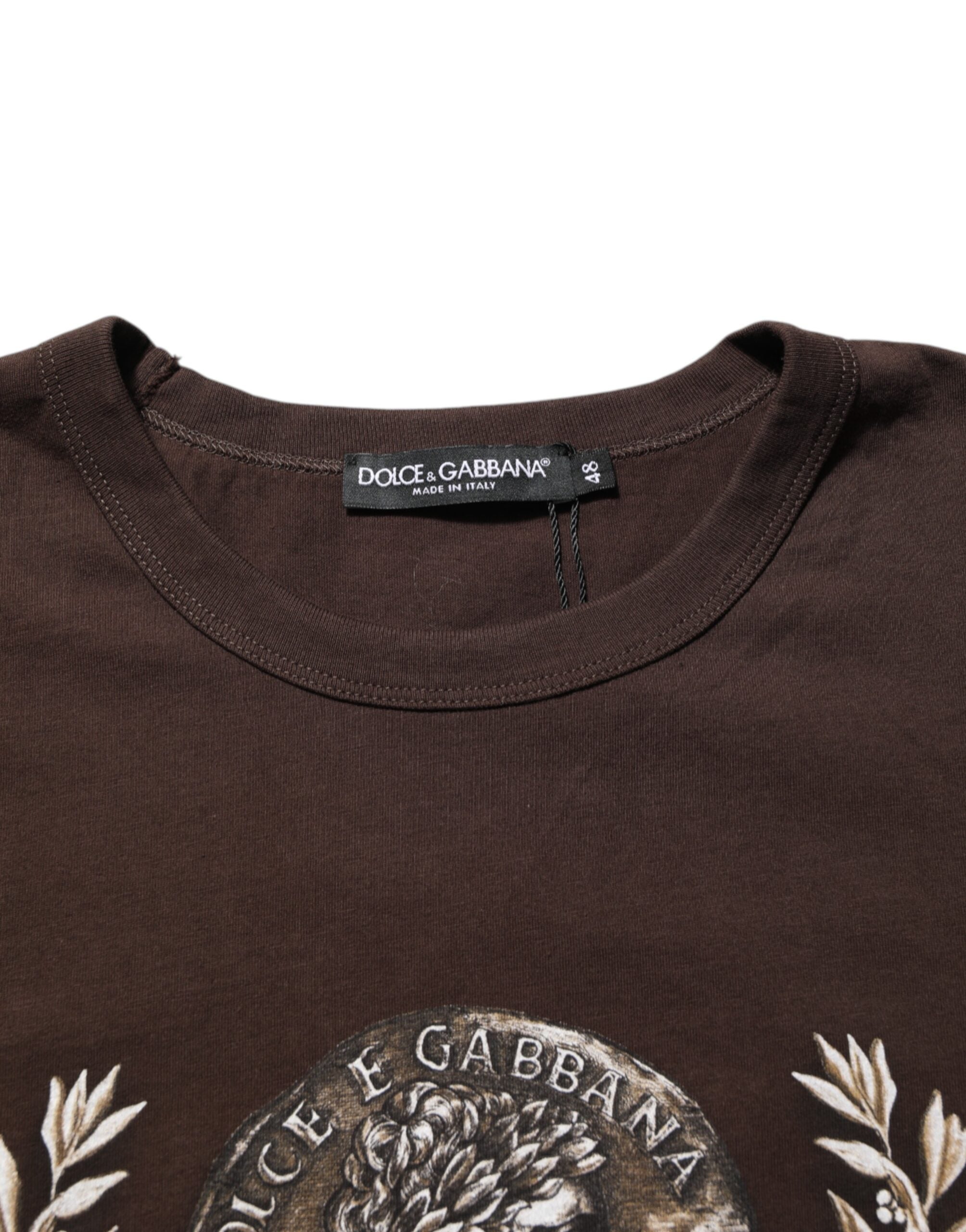 T-shirt pour homme Dolce & Gabbana brun avec motif de laurier et inscription en relief, col rond, vue de face.