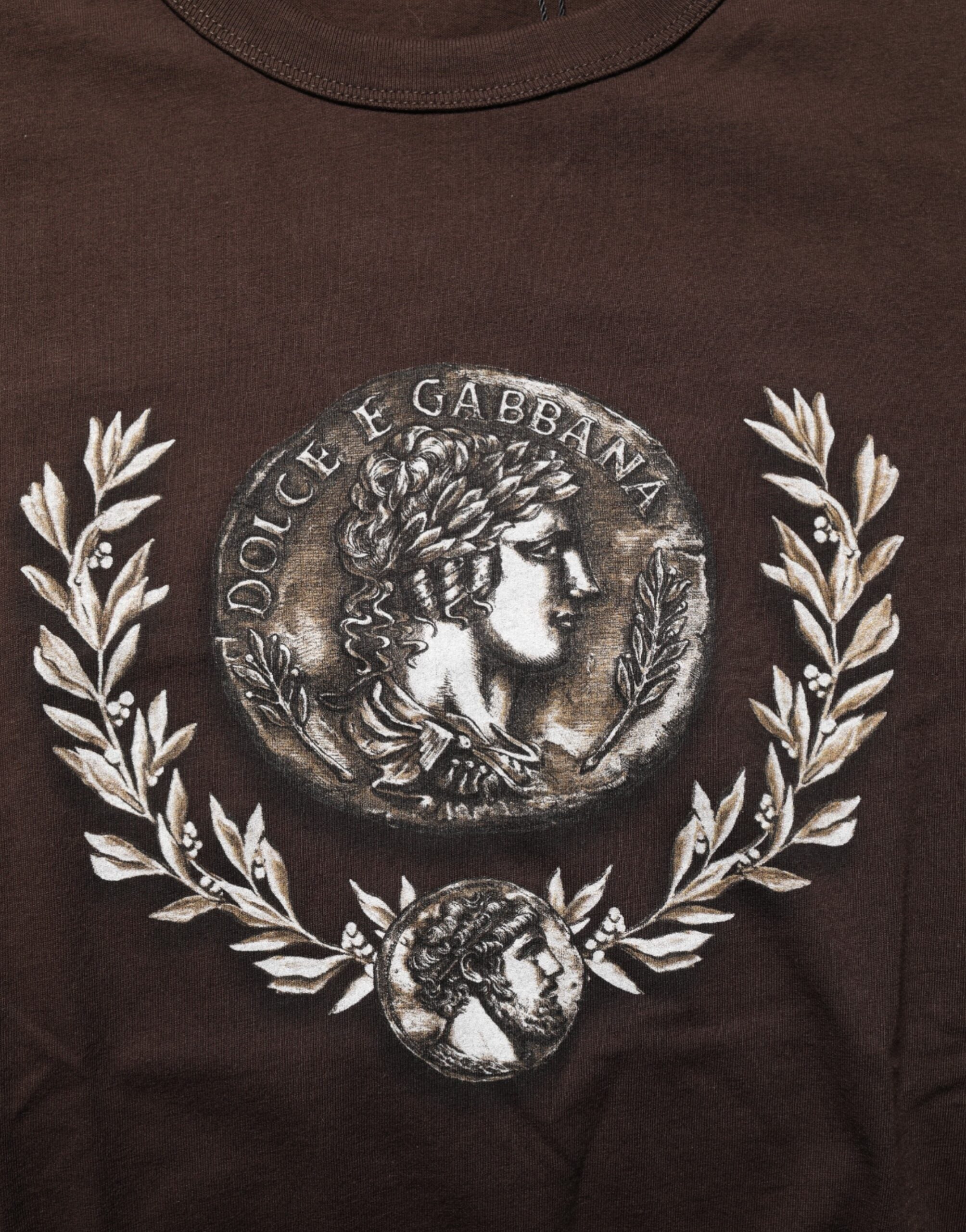T-shirt homme Dolce & Gabbana brun avec motif laurier et pièce de monnaie, col rond, en coton.