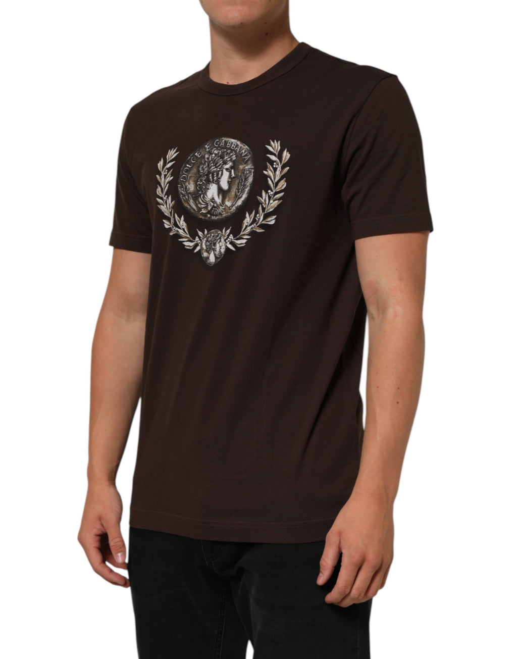 T-shirt homme Dolce & Gabbana brun avec motif laurier et pièce de monnaie, col rond, tissu confortable.