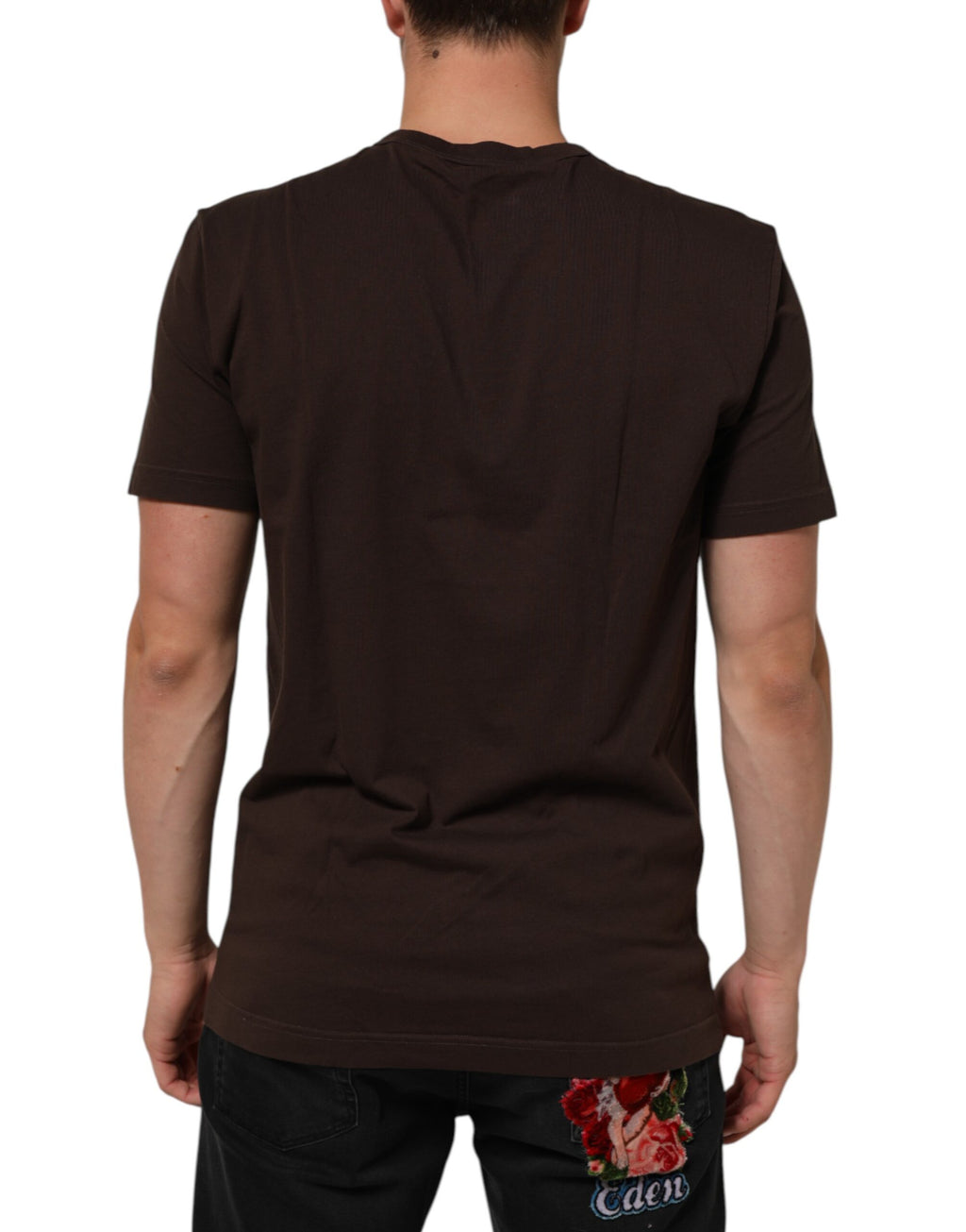 T-shirt homme Dolce & Gabbana brun avec motif laurier et pièce de monnaie, col rond, en coton.