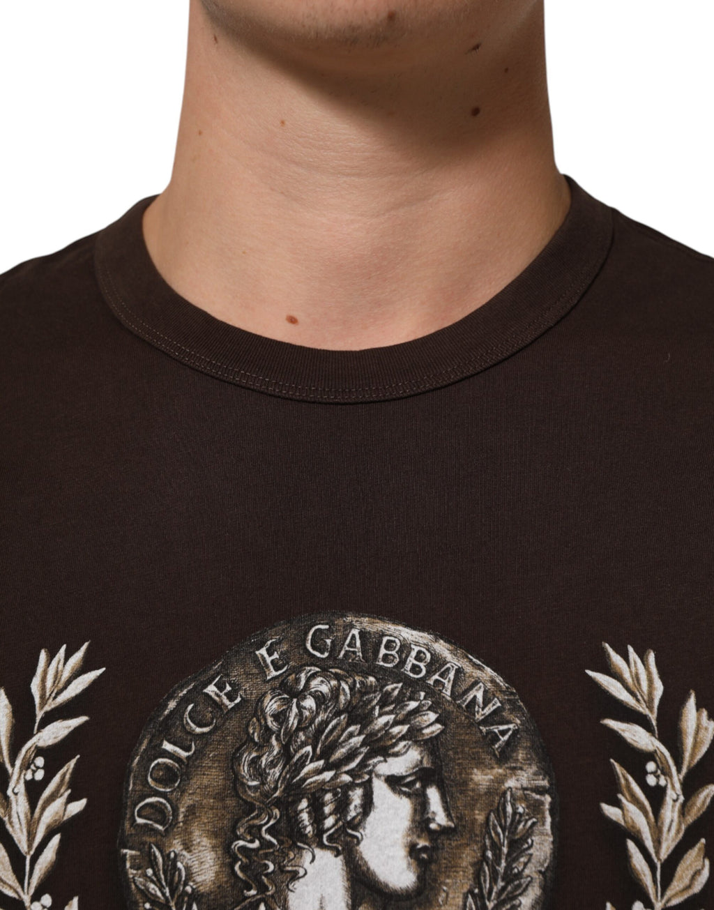 T-shirt homme Dolce & Gabbana marron avec imprimé laurier et pièces de monnaie, col rond, style décontracté.
