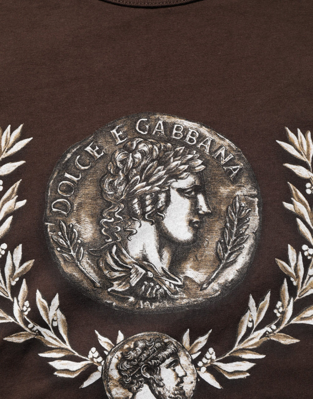 T-shirt homme Dolce & Gabbana brun avec motif laurier et pièce de monnaie, col ras du cou, style décontracté.