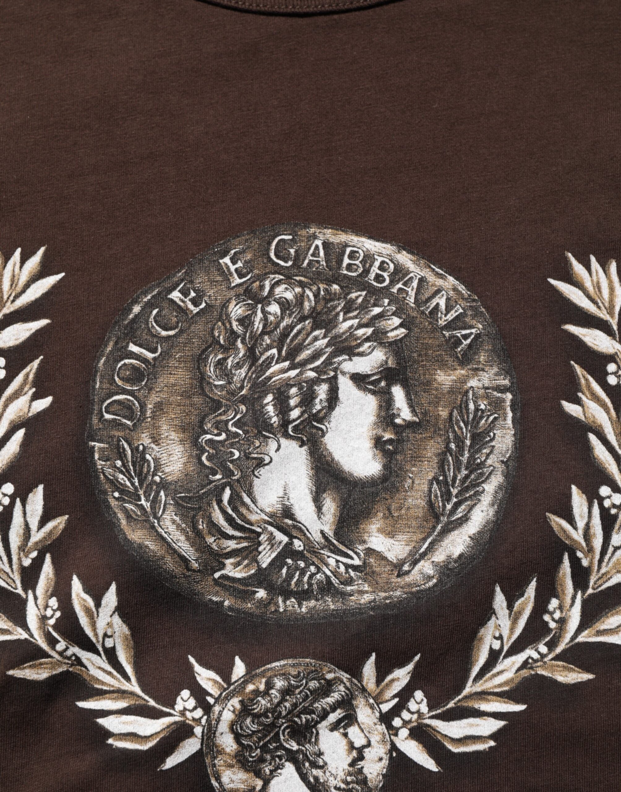 T-shirt homme Dolce & Gabbana brun avec motif laurier et pièce de monnaie, col ras du cou, style décontracté.