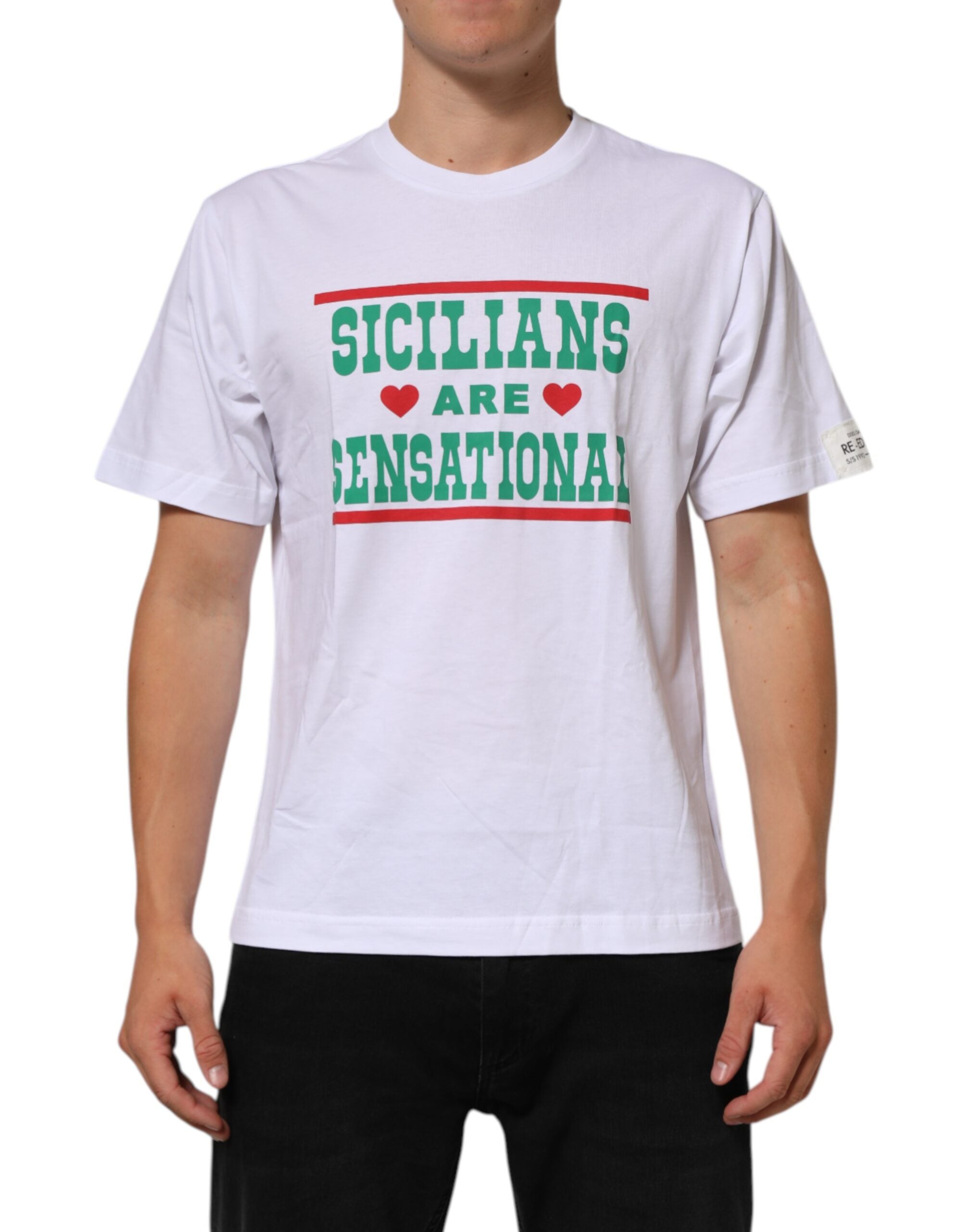 T-shirt blanc en coton Dolce & Gabbana avec imprimé graphique, col rond, vue de face.