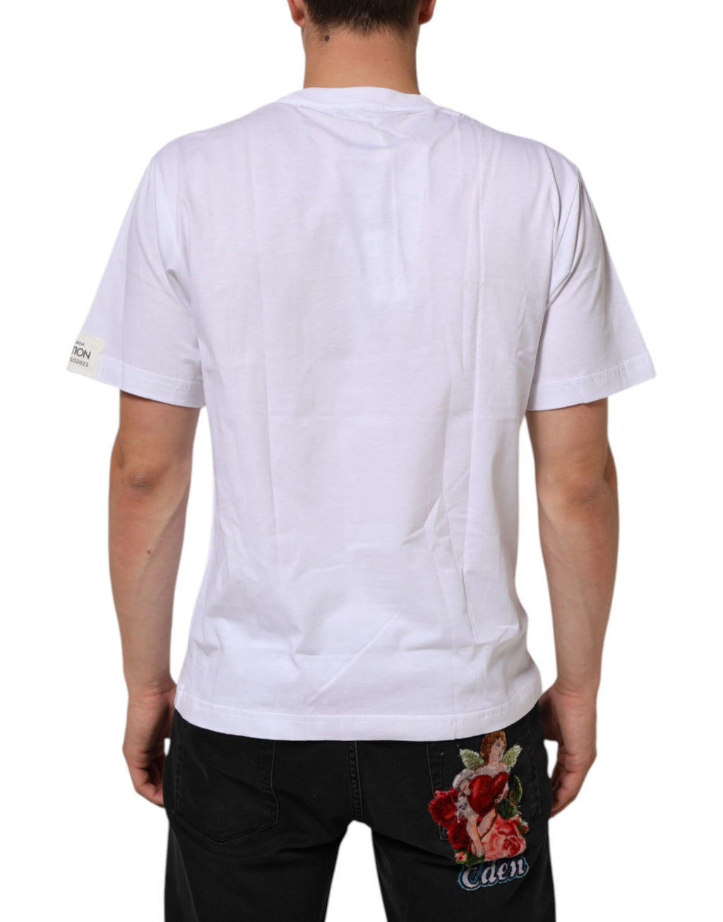 T-shirt en coton blanc Dolce & Gabbana avec imprimé graphique et col rond, vue de face.