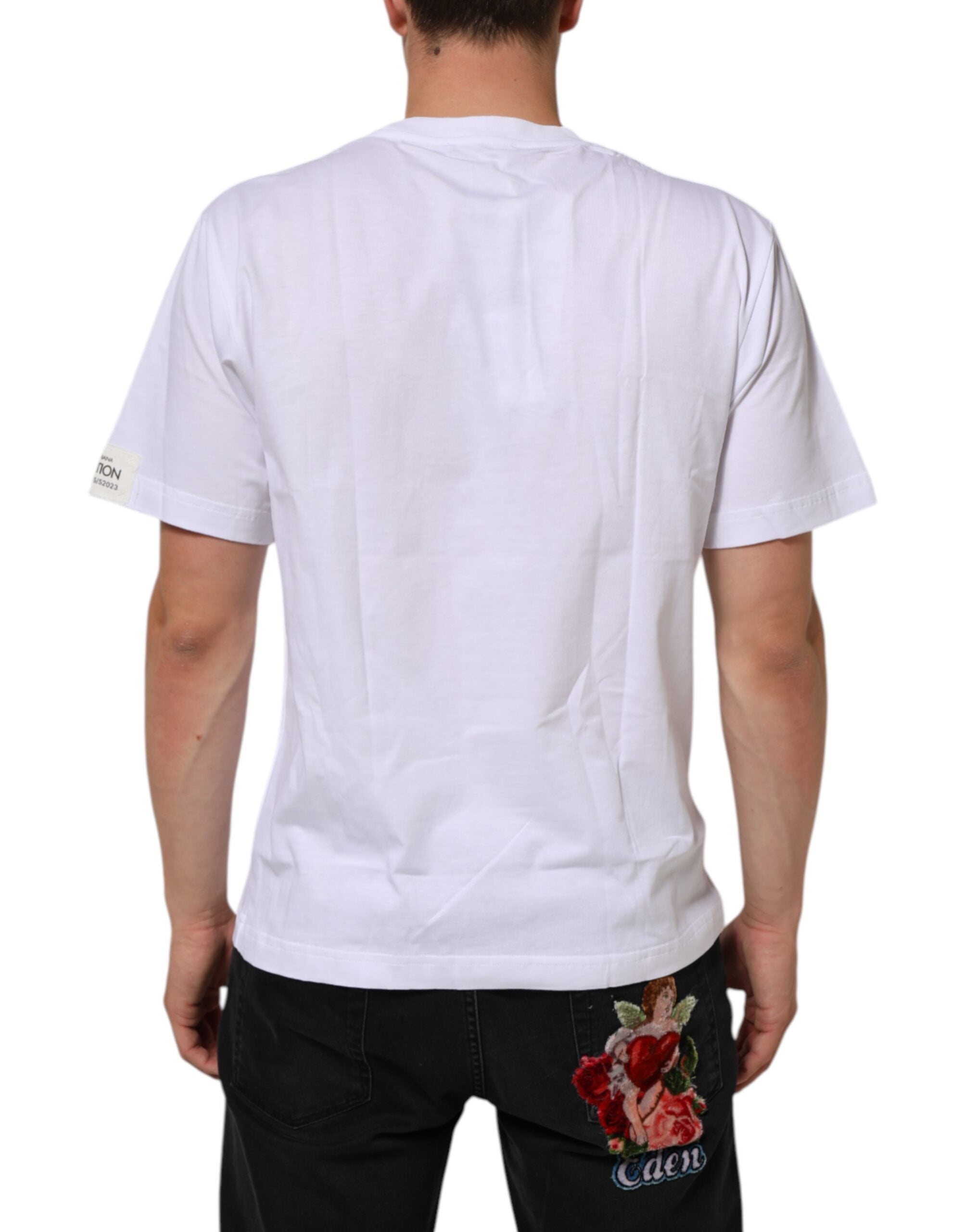 T-shirt en coton blanc Dolce & Gabbana avec imprimé graphique et col rond, vue de face.