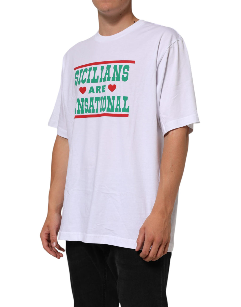 T-shirt blanc en coton Dolce & Gabbana avec imprimé graphique, col rond et style décontracté.