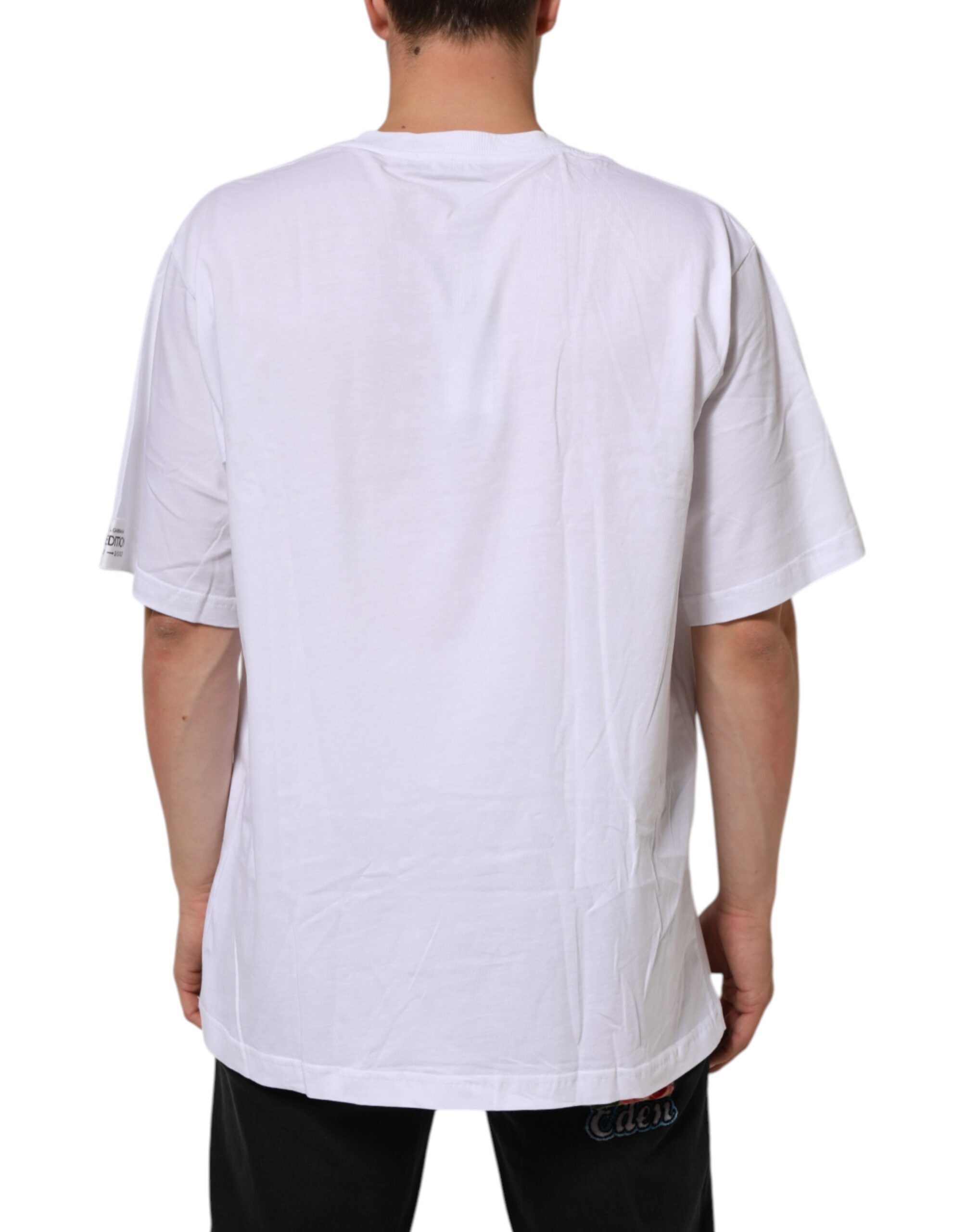 T-shirt blanc Dolce & Gabbana en coton avec imprimé graphique à col rond, vue de face.
