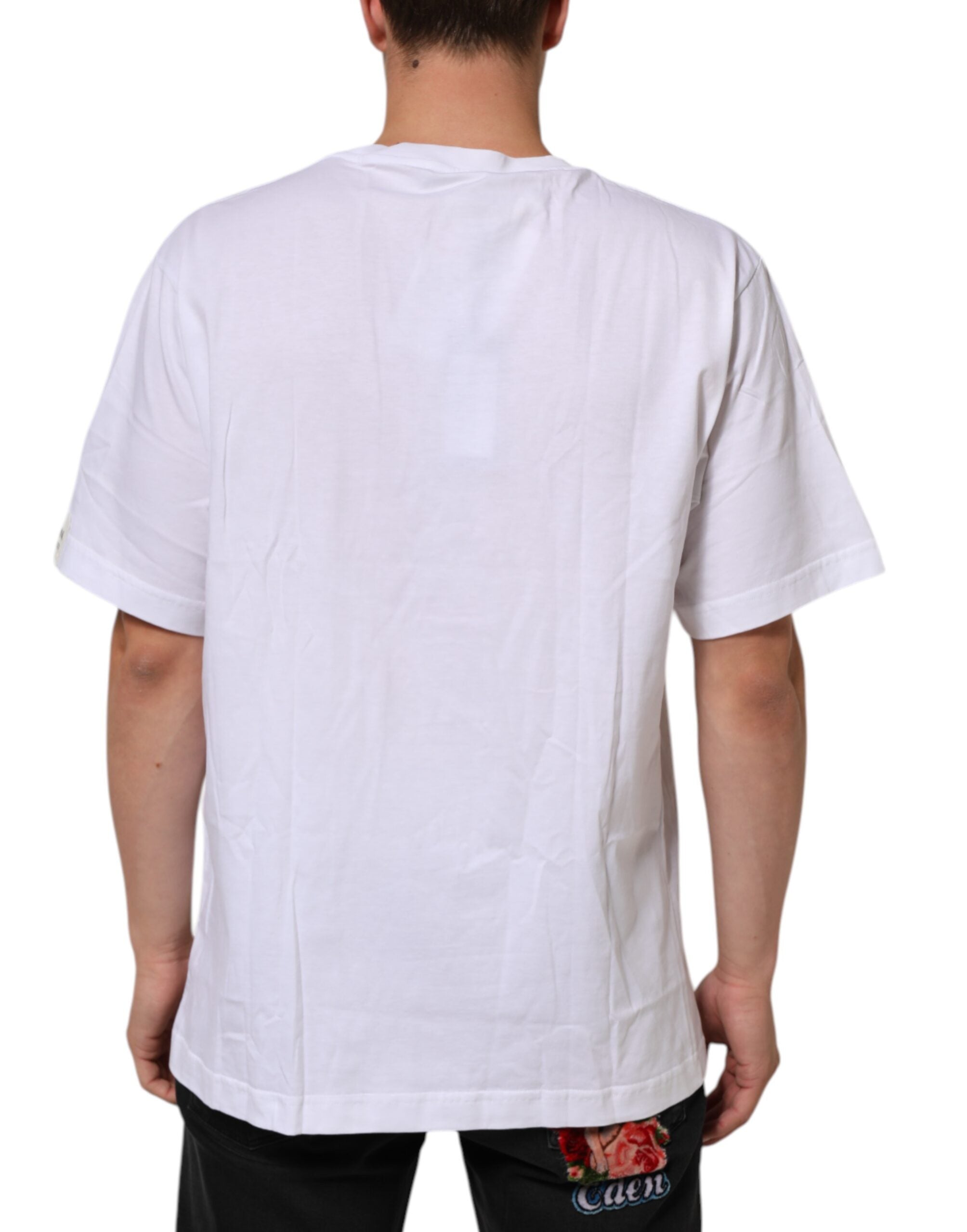 T-shirt blanc Dolce & Gabbana en coton avec imprimé graphique, col rond, vue de face.
