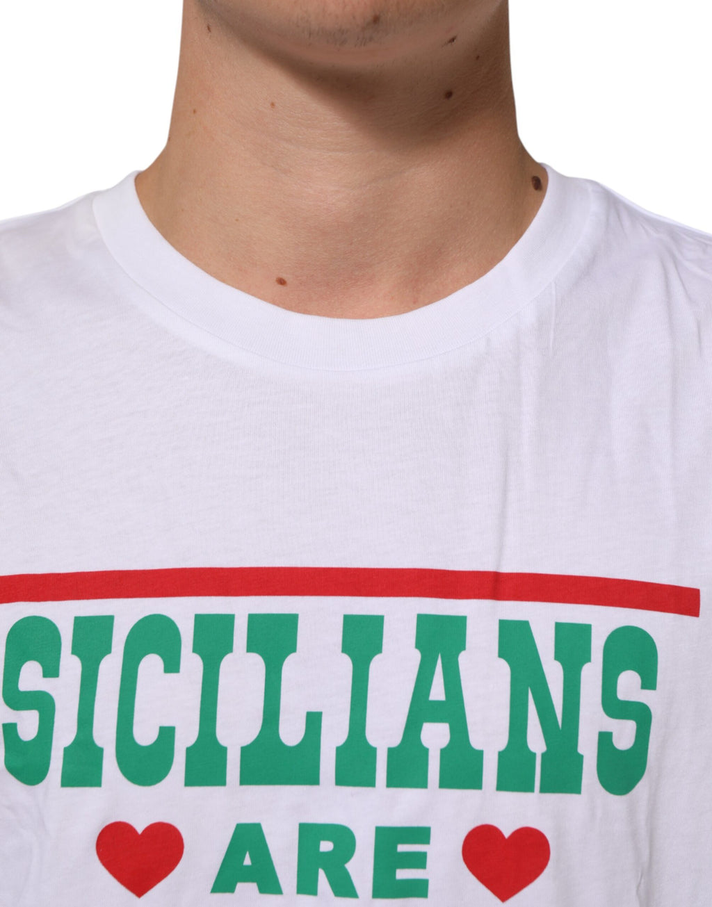T-shirt en coton blanc Dolce & Gabbana avec imprimé graphique, col rond, vue de face sur fond neutre.
