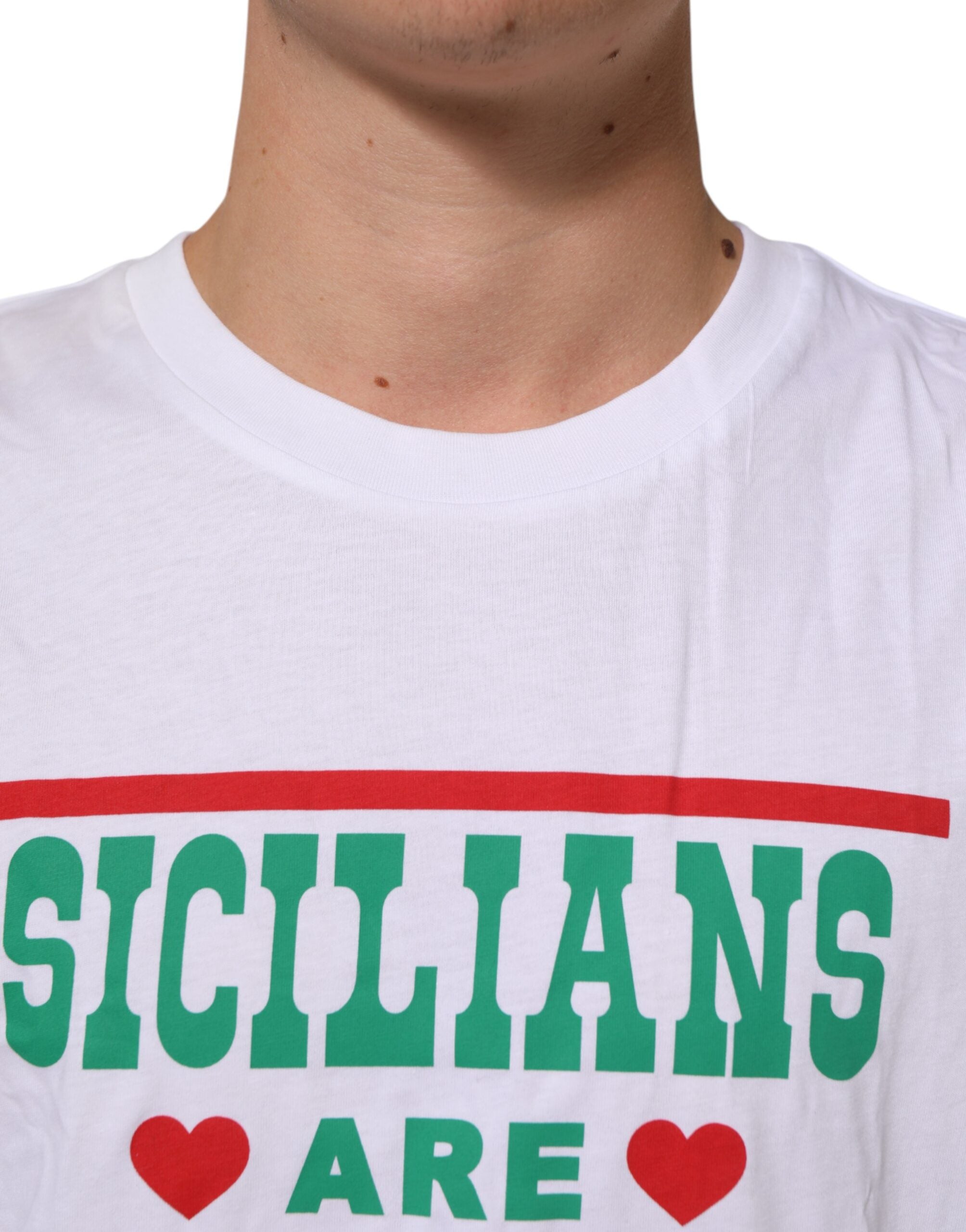 T-shirt en coton blanc Dolce & Gabbana avec imprimé graphique, col rond, vue de face sur fond neutre.