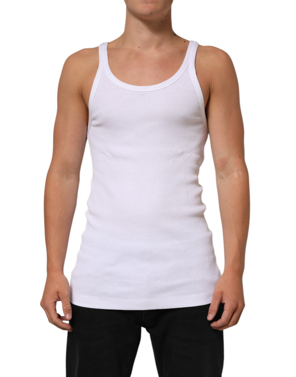 T-shirt sans manches blanc Dolce & Gabbana avec col rond, vue de face, en tissu léger.