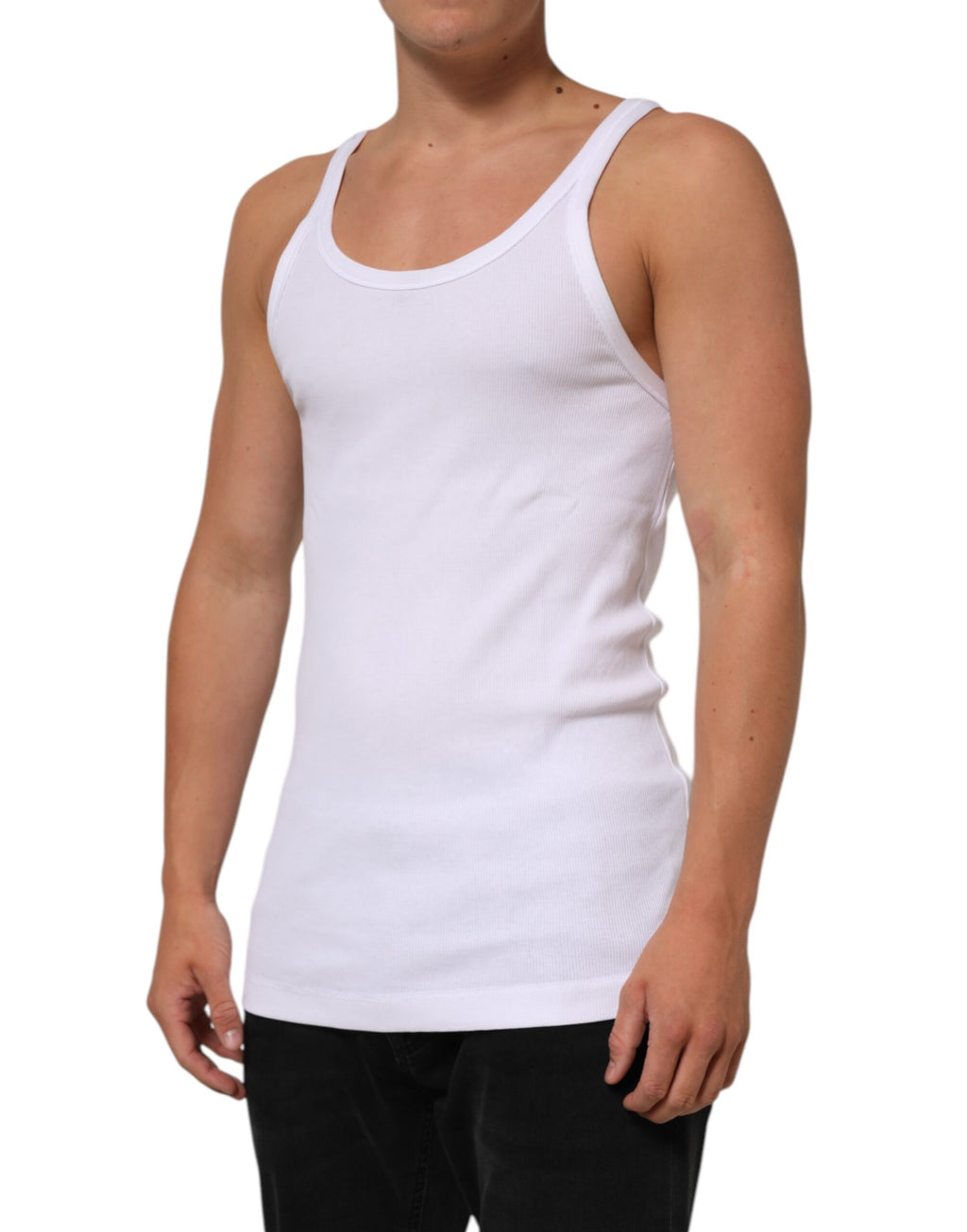 T-shirt sans manches blanc Dolce & Gabbana avec col rond, vue de face, en tissu léger, mode élégante et décontractée.