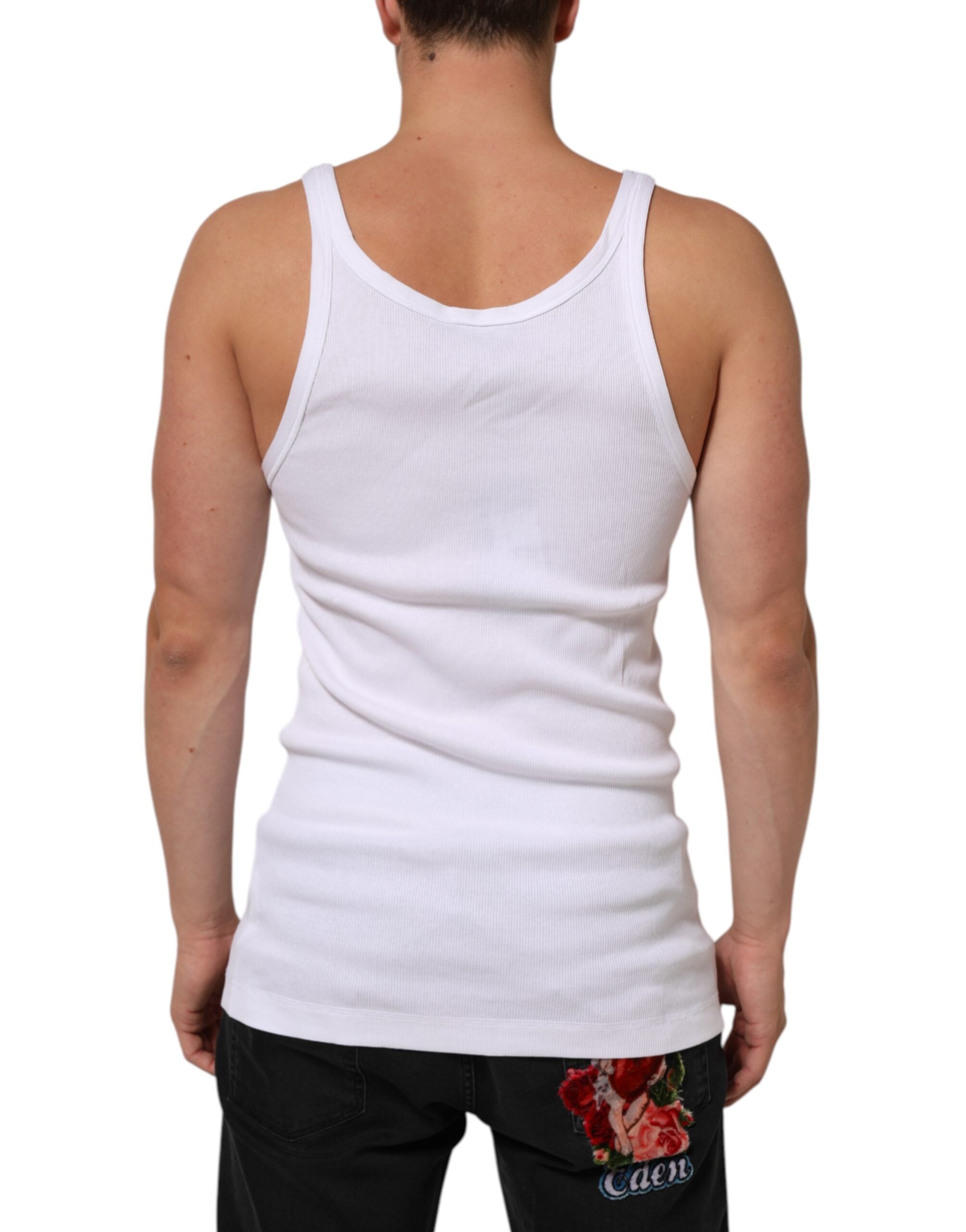 T-shirt sans manches Dolce & Gabbana blanc à col rond, vue de face avec détails du tissu et coupe élégante.