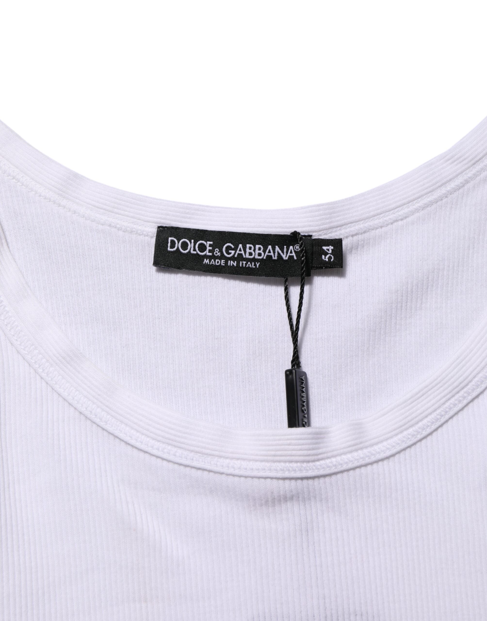 T-shirt sans manches blanc Dolce & Gabbana à col rond, vue de face, léger et élégant, parfait pour un style chic décontracté.