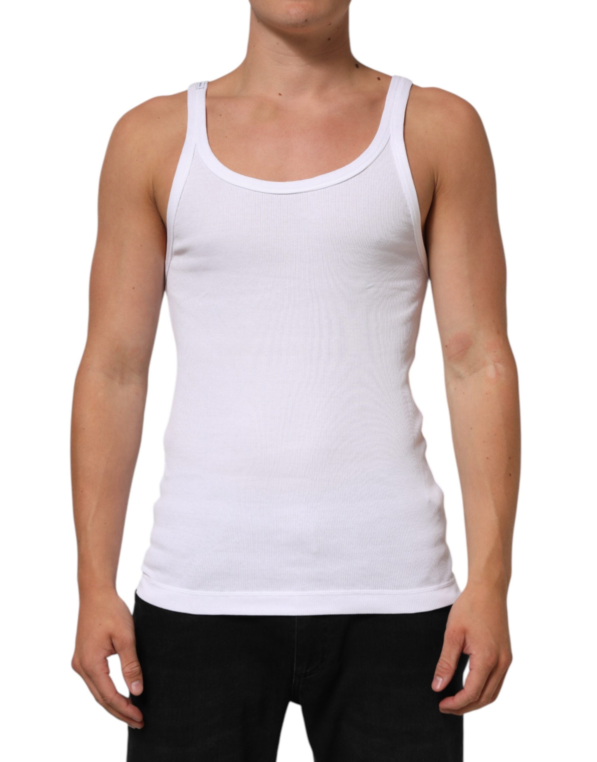 T-shirt sans manches blanc Dolce & Gabbana à col rond, vue de face, en coton léger.