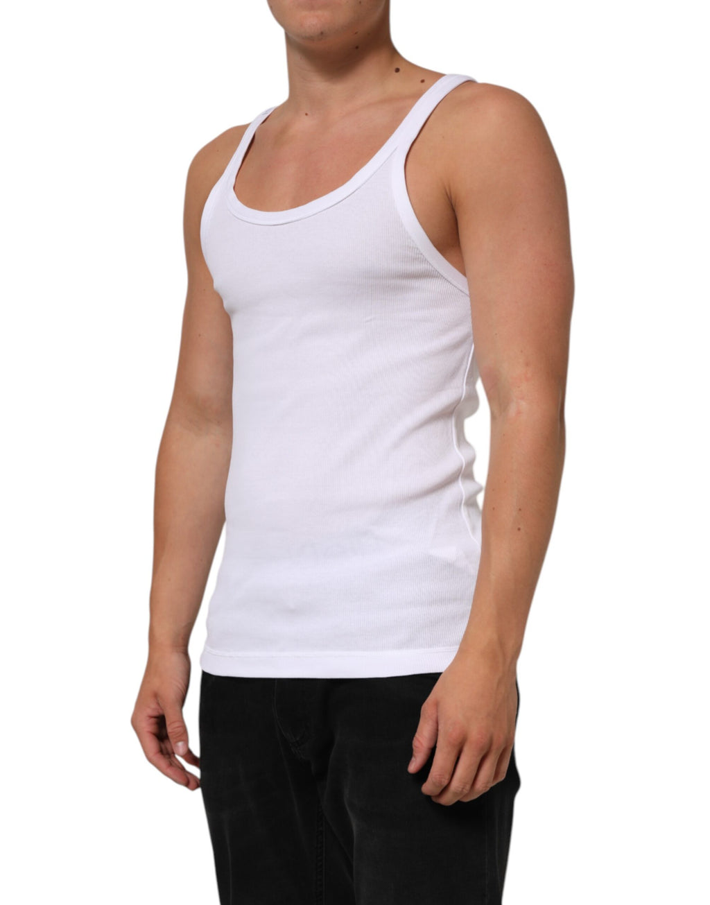 T-shirt sans manches Dolce & Gabbana blanc avec col rond, vue de face, tissu léger, mode élégante pour femme.