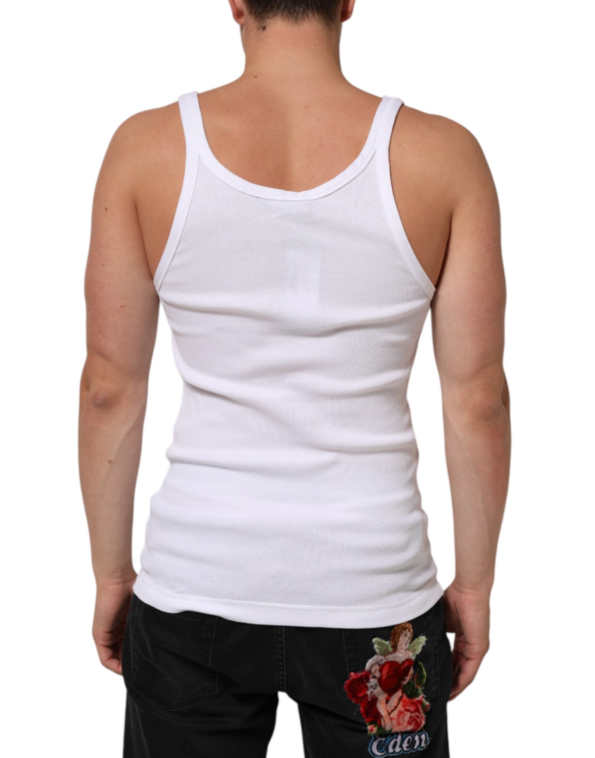 T-shirt sans manches blanc Dolce & Gabbana à col rond, vue de face, en coton léger, mode élégante et décontractée.